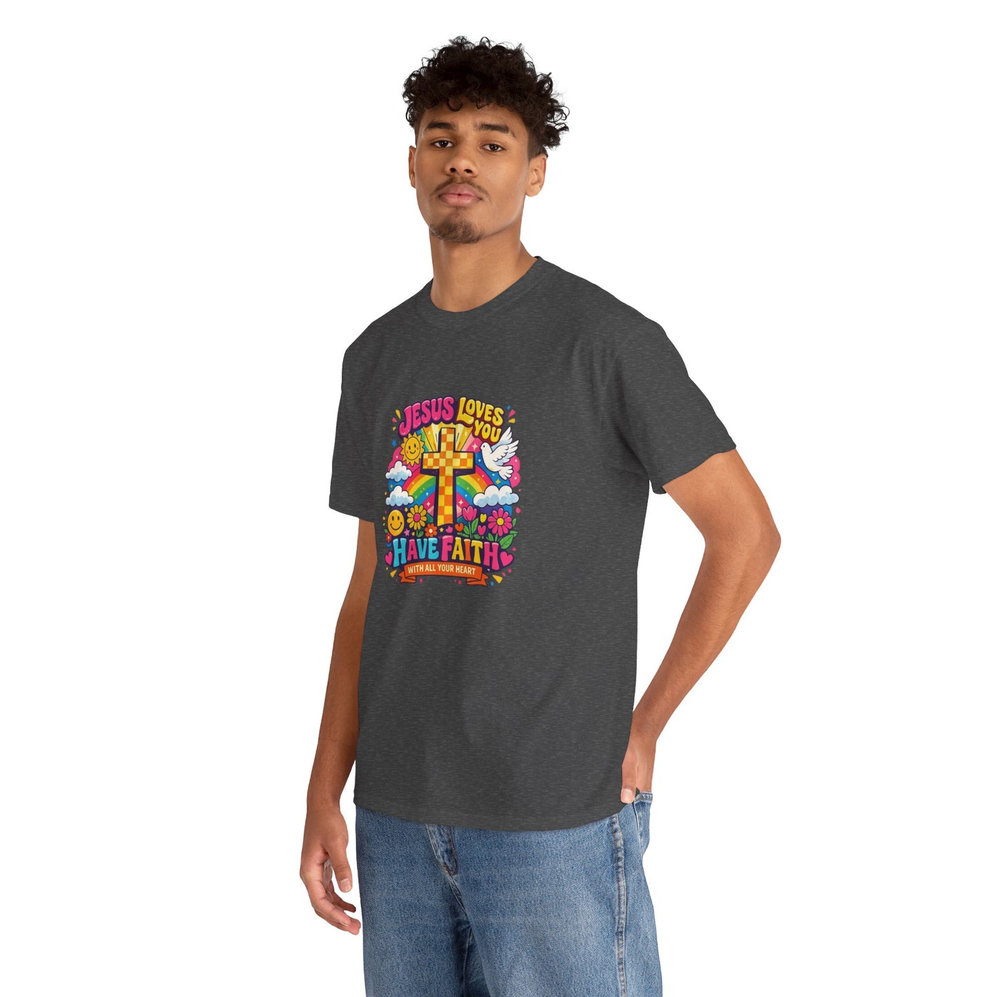 Christian Cross T-Shirt — "Jesus Loves You, Have Faith" Colorful Faith Tee