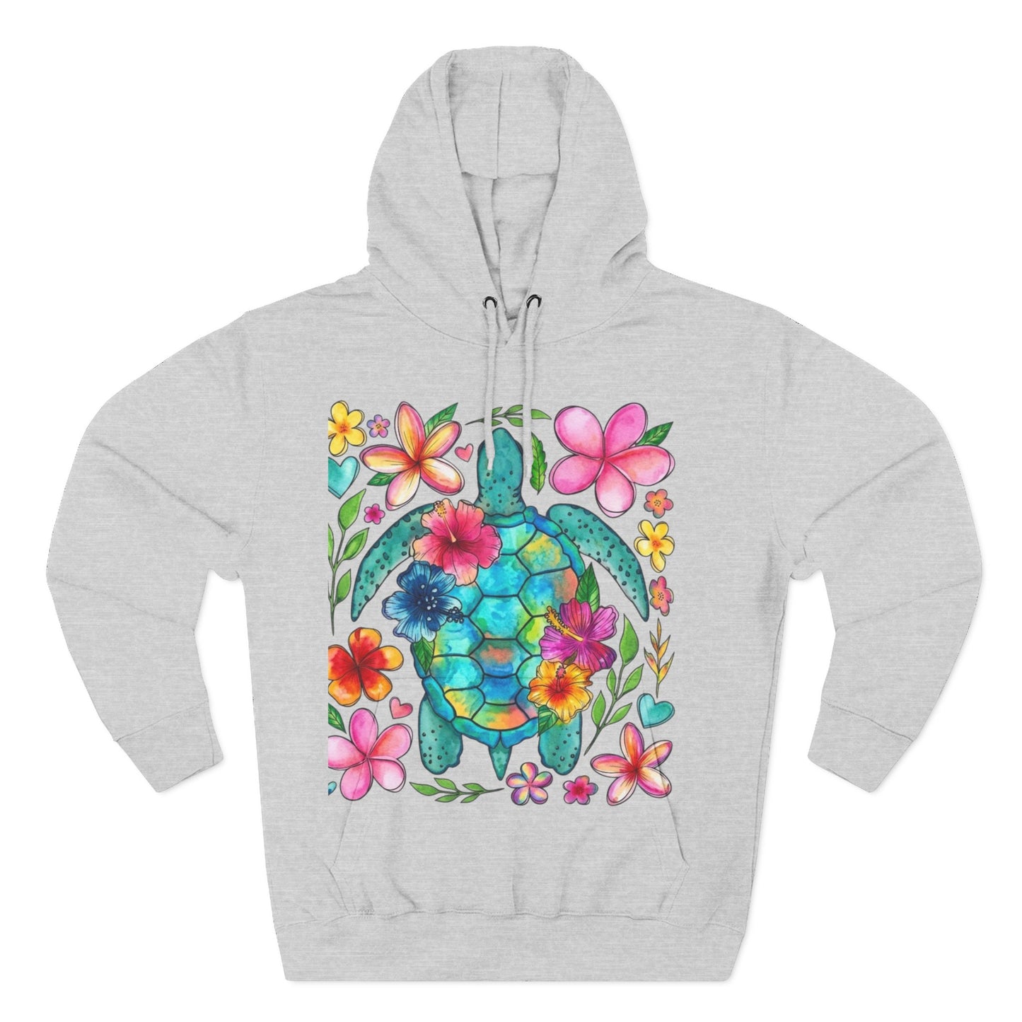 Turtle Floral Hoodie - Watercolor Sea Turtle with Tropical Flowers Fleece Pullover