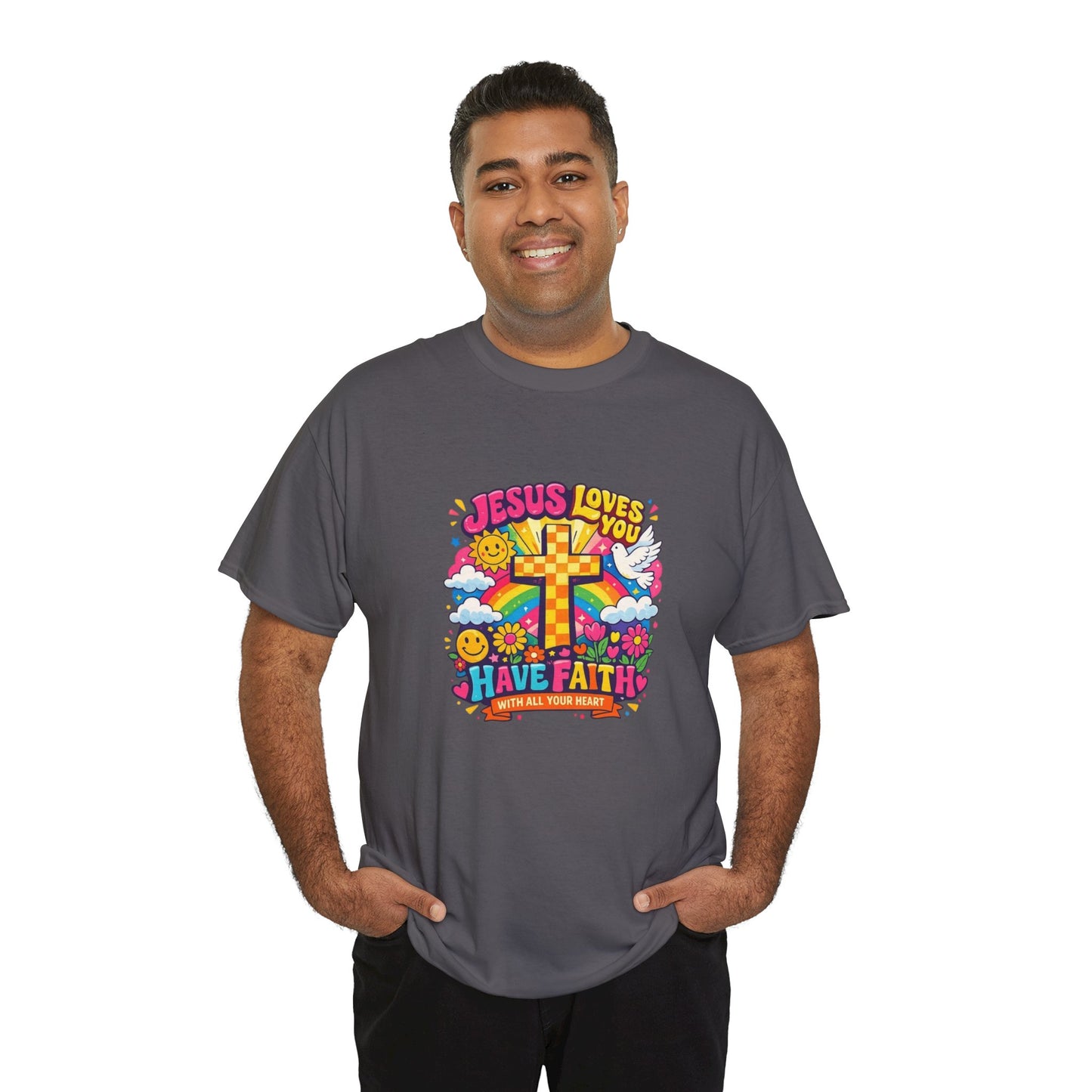 Christian Cross T-Shirt — "Jesus Loves You, Have Faith" Colorful Faith Tee