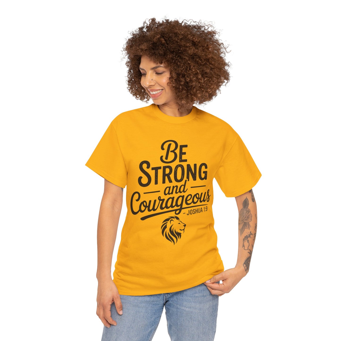 Be Strong and Courageous T-Shirt — Joshua 1:9 Inspirational Tee with Lion Graphic