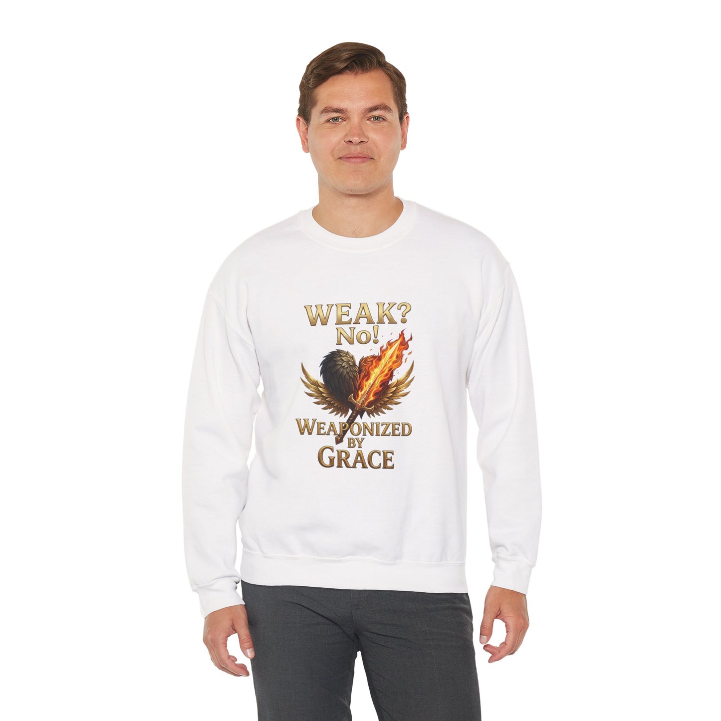 Women's/Unisex Sweatshirt: "Weak? No! Weaponized by Grace" Inspirational Christian Crewneck