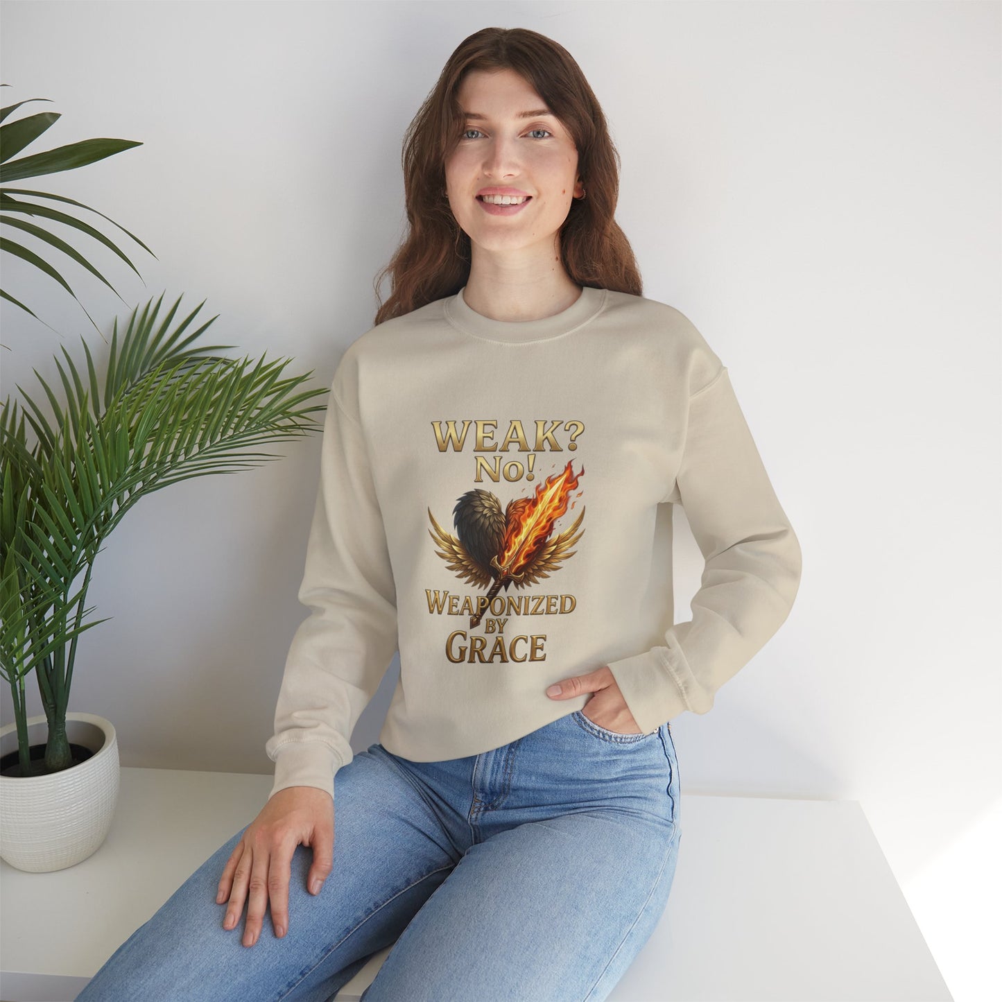Women's/Unisex Sweatshirt: "Weak? No! Weaponized by Grace" Inspirational Christian Crewneck