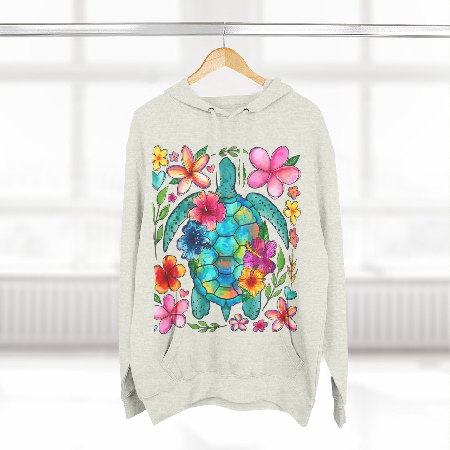 Turtle Floral Hoodie - Watercolor Sea Turtle with Tropical Flowers Fleece Pullover