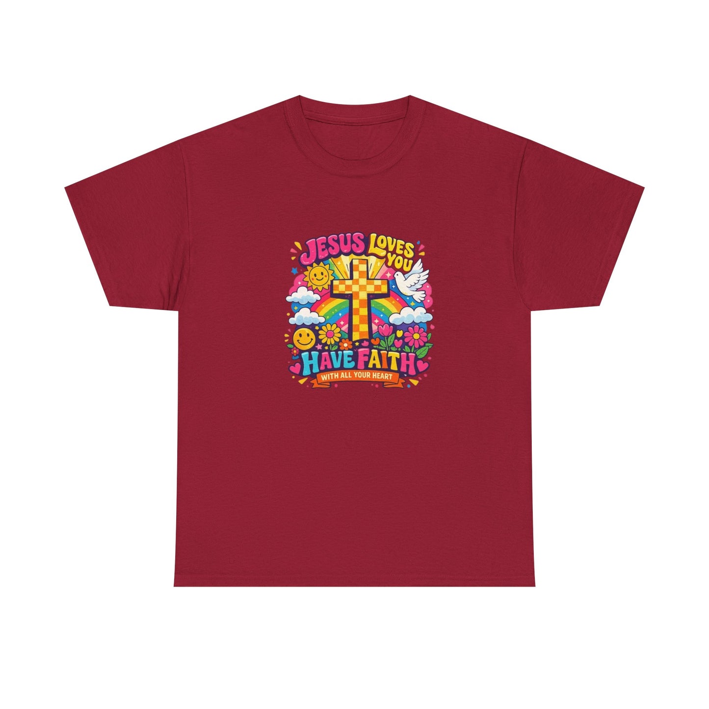 Christian Cross T-Shirt — "Jesus Loves You, Have Faith" Colorful Faith Tee