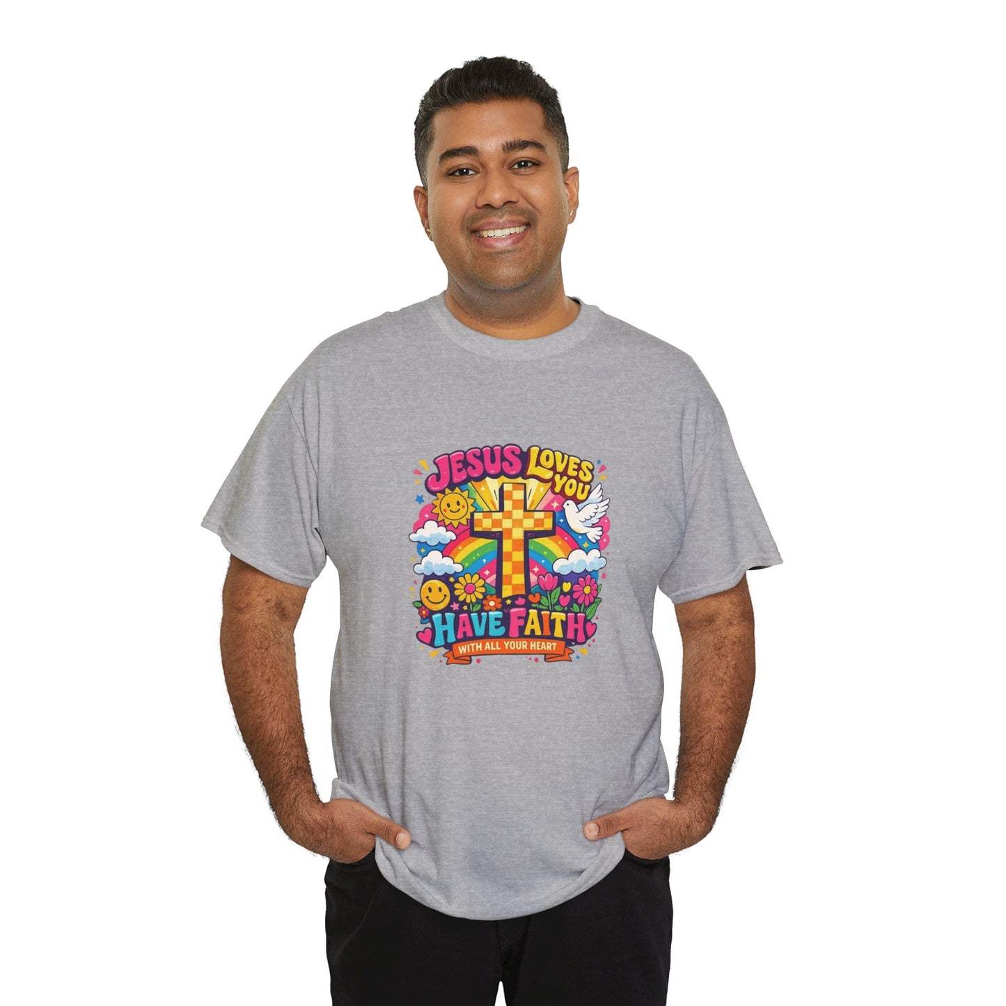 Christian Cross T-Shirt — "Jesus Loves You, Have Faith" Colorful Faith Tee