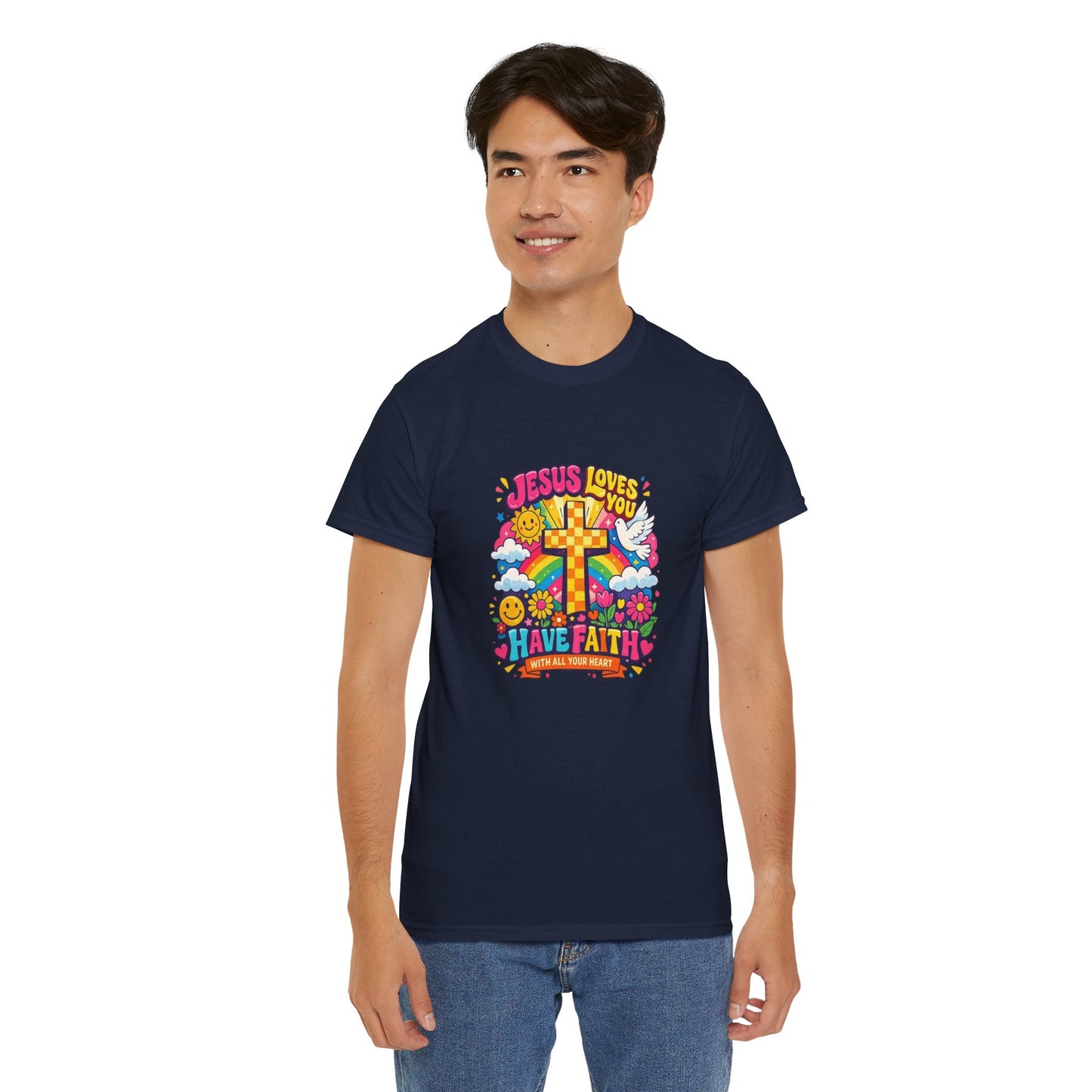 Christian Cross T-Shirt — "Jesus Loves You, Have Faith" Colorful Faith Tee