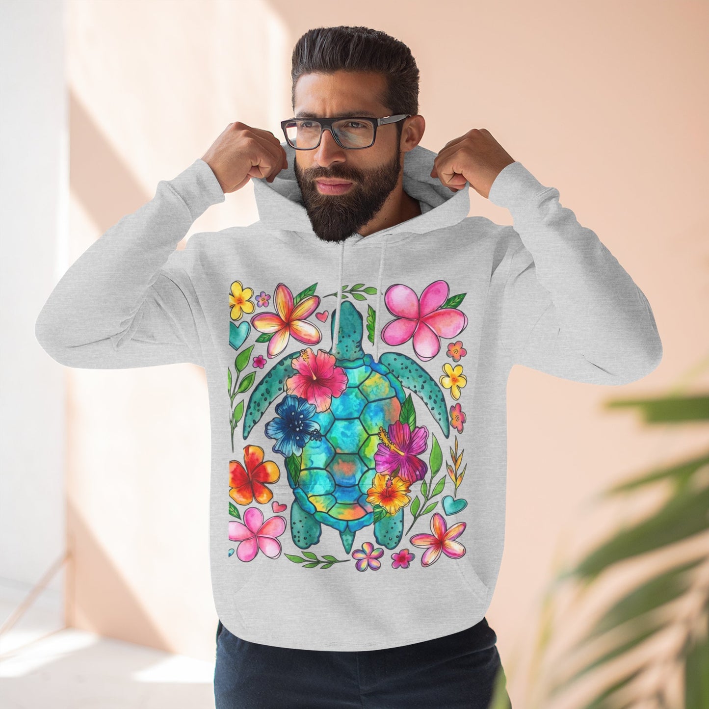 Turtle Floral Hoodie - Watercolor Sea Turtle with Tropical Flowers Fleece Pullover
