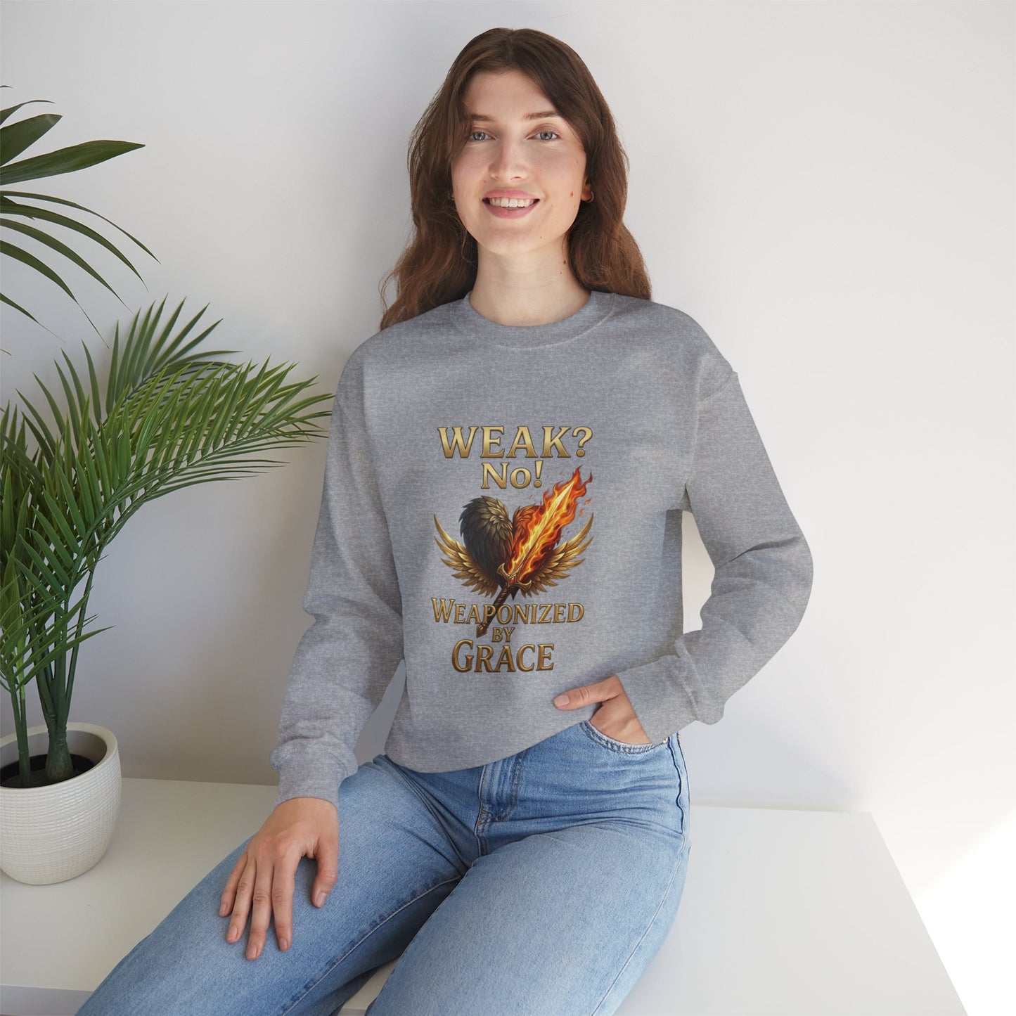 Women's/Unisex Sweatshirt: "Weak? No! Weaponized by Grace" Inspirational Christian Crewneck