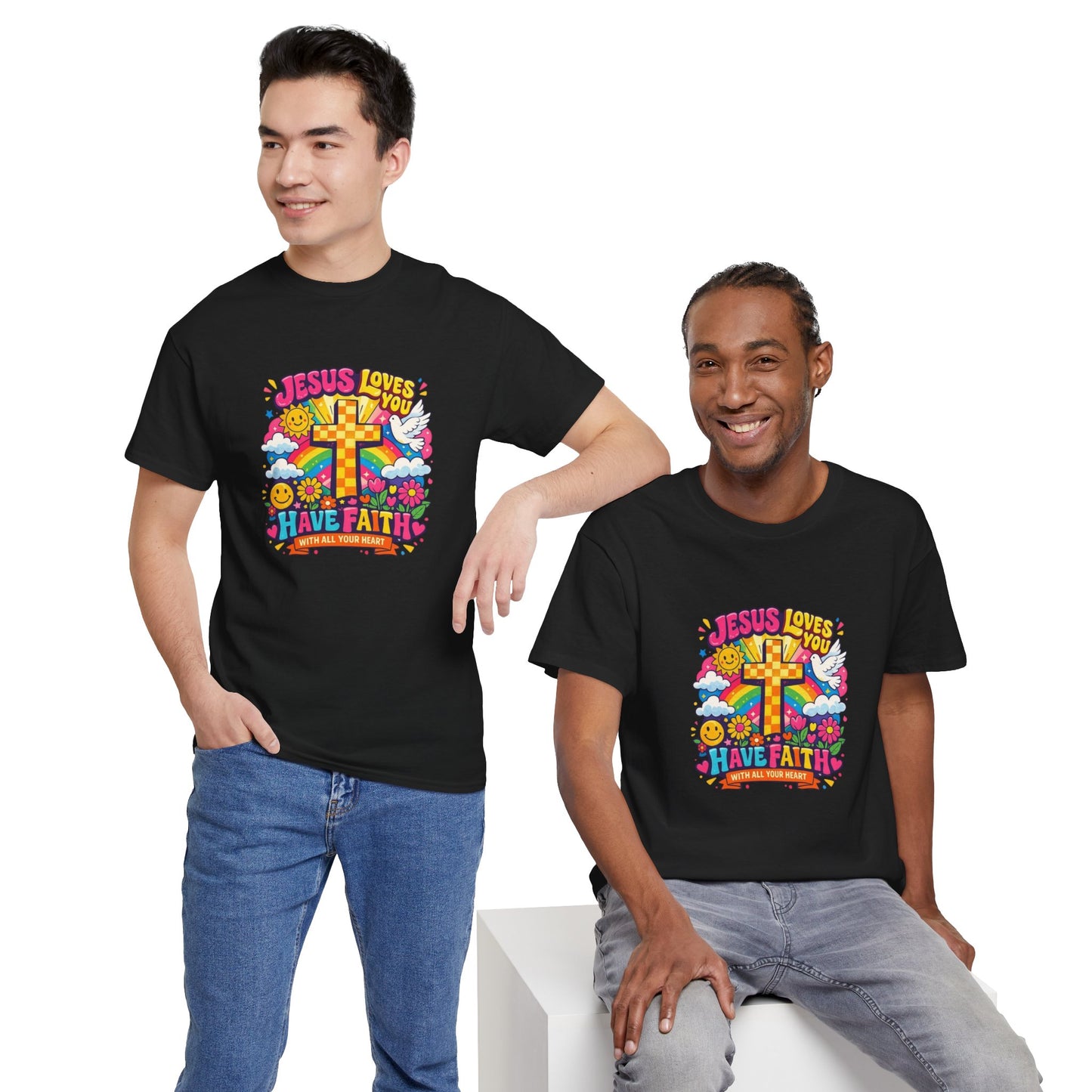 Christian Cross T-Shirt — "Jesus Loves You, Have Faith" Colorful Faith Tee