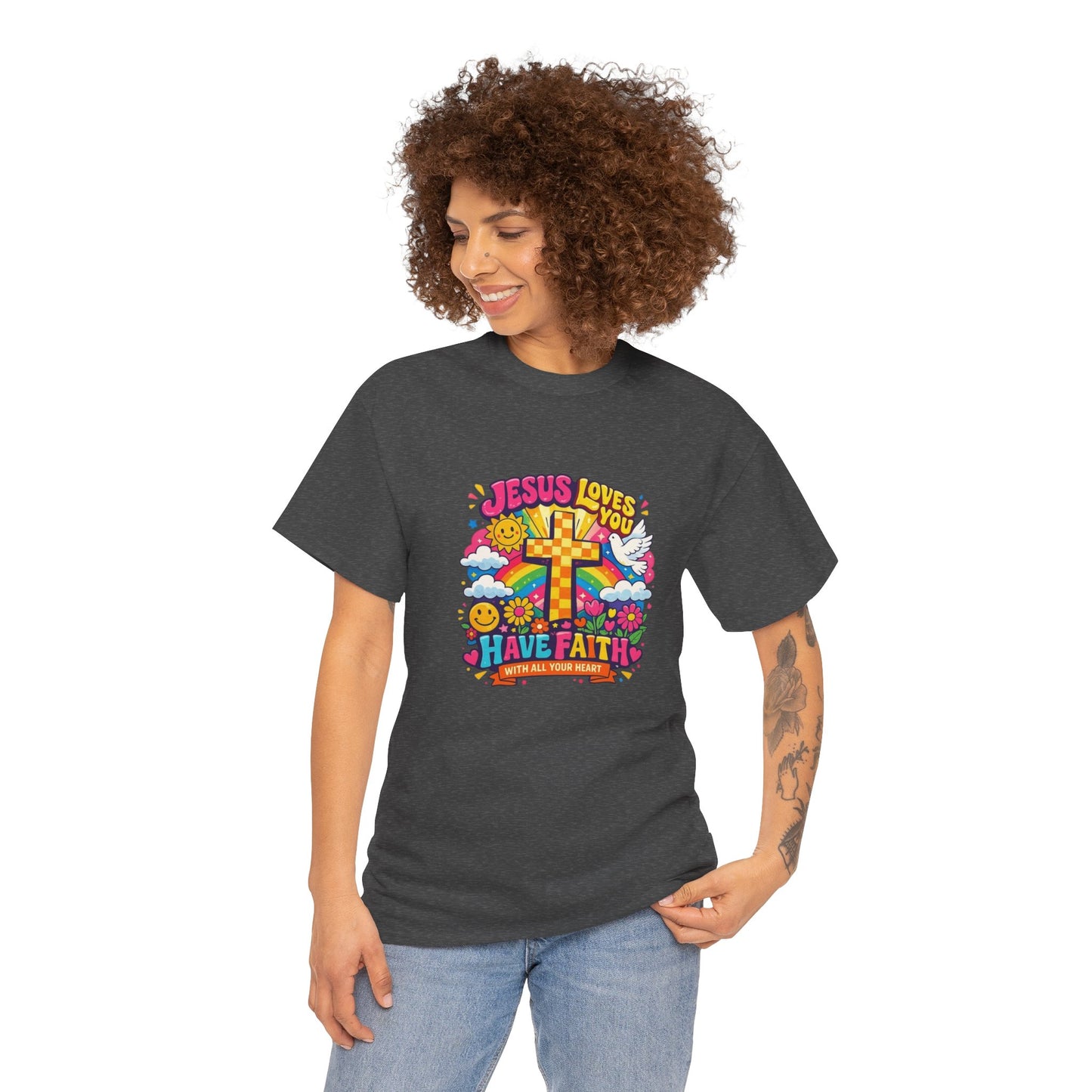 Christian Cross T-Shirt — "Jesus Loves You, Have Faith" Colorful Faith Tee