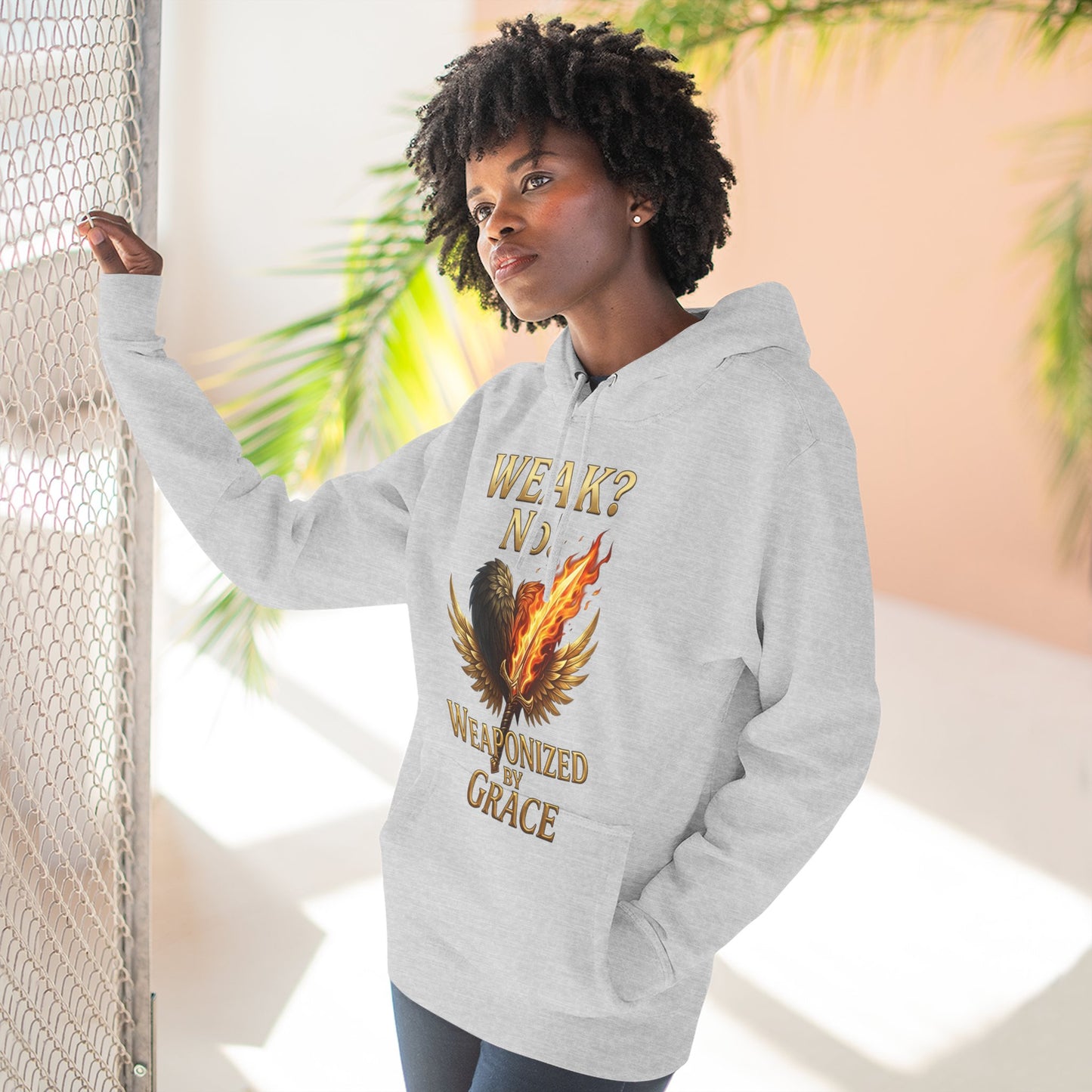 Hoodie - "Weak? No. Weaponized by Grace" Christian Inspirational Pullover