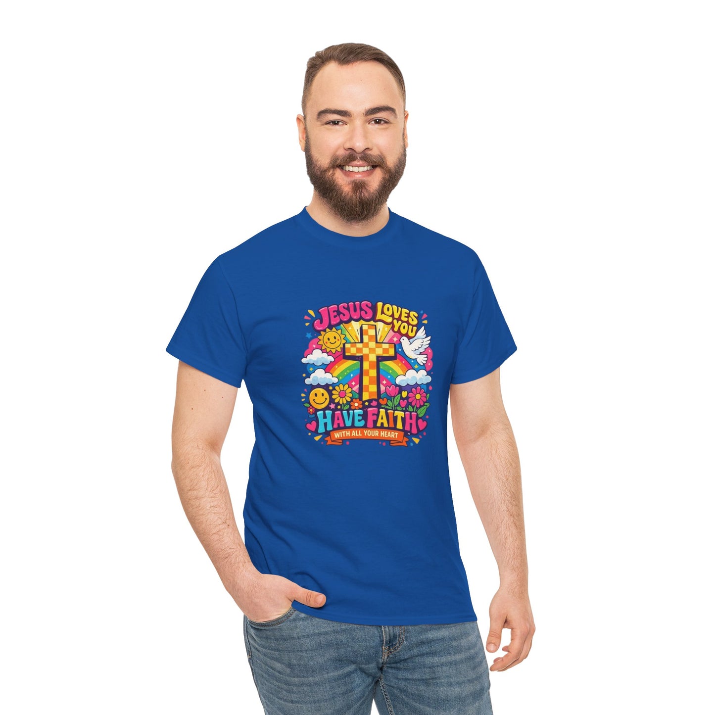 Christian Cross T-Shirt — "Jesus Loves You, Have Faith" Colorful Faith Tee