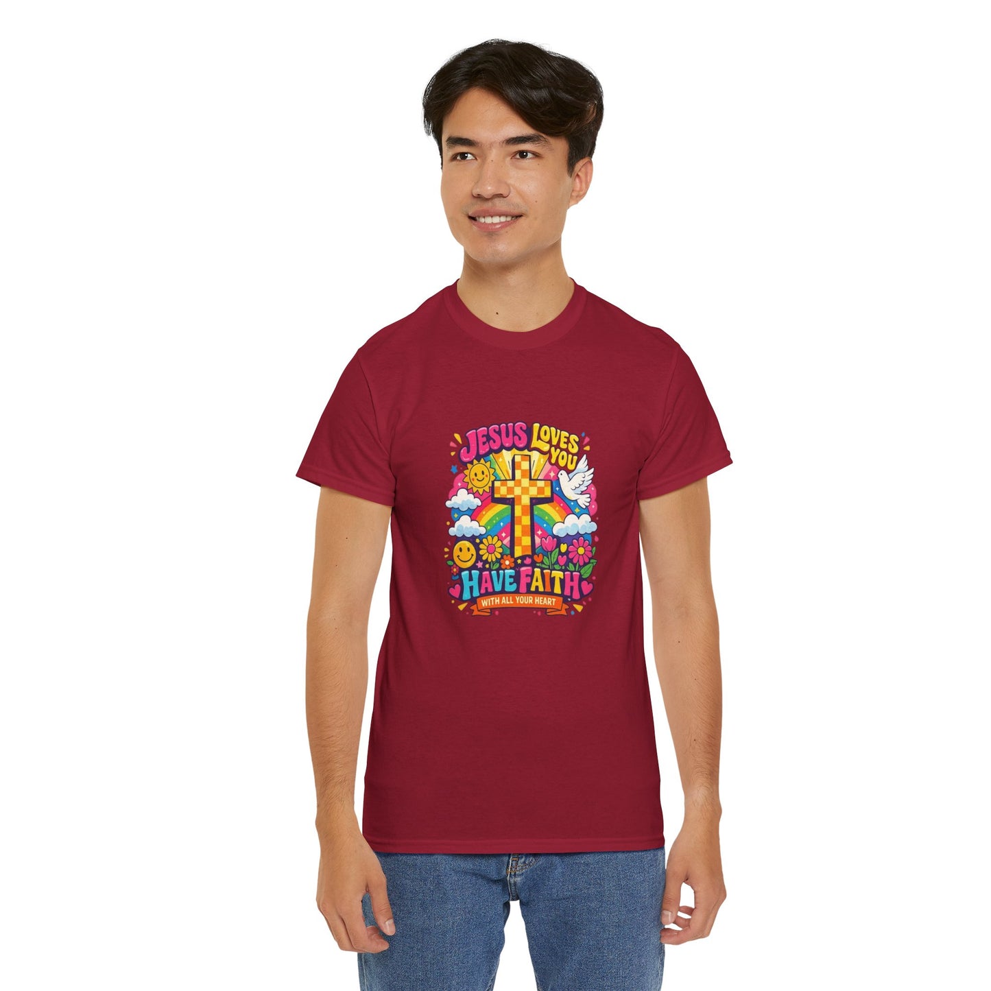 Christian Cross T-Shirt — "Jesus Loves You, Have Faith" Colorful Faith Tee