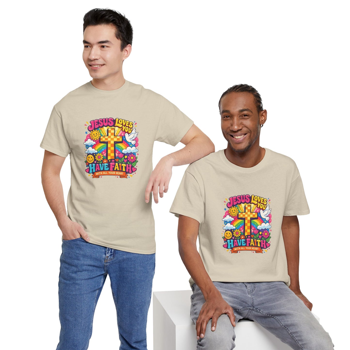 Christian Cross T-Shirt — "Jesus Loves You, Have Faith" Colorful Faith Tee