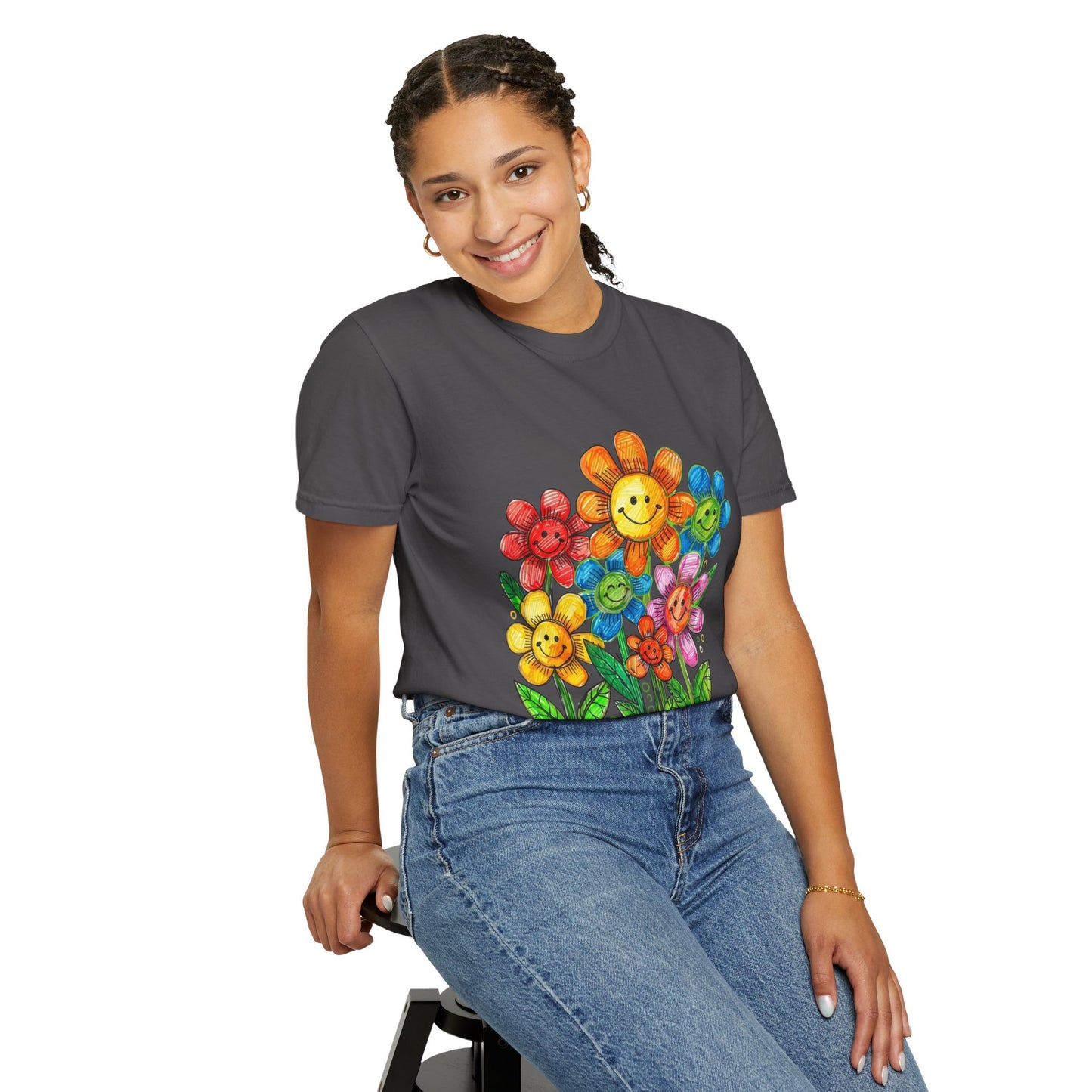 Smiling Rainbow Flower Graphic T-Shirt
