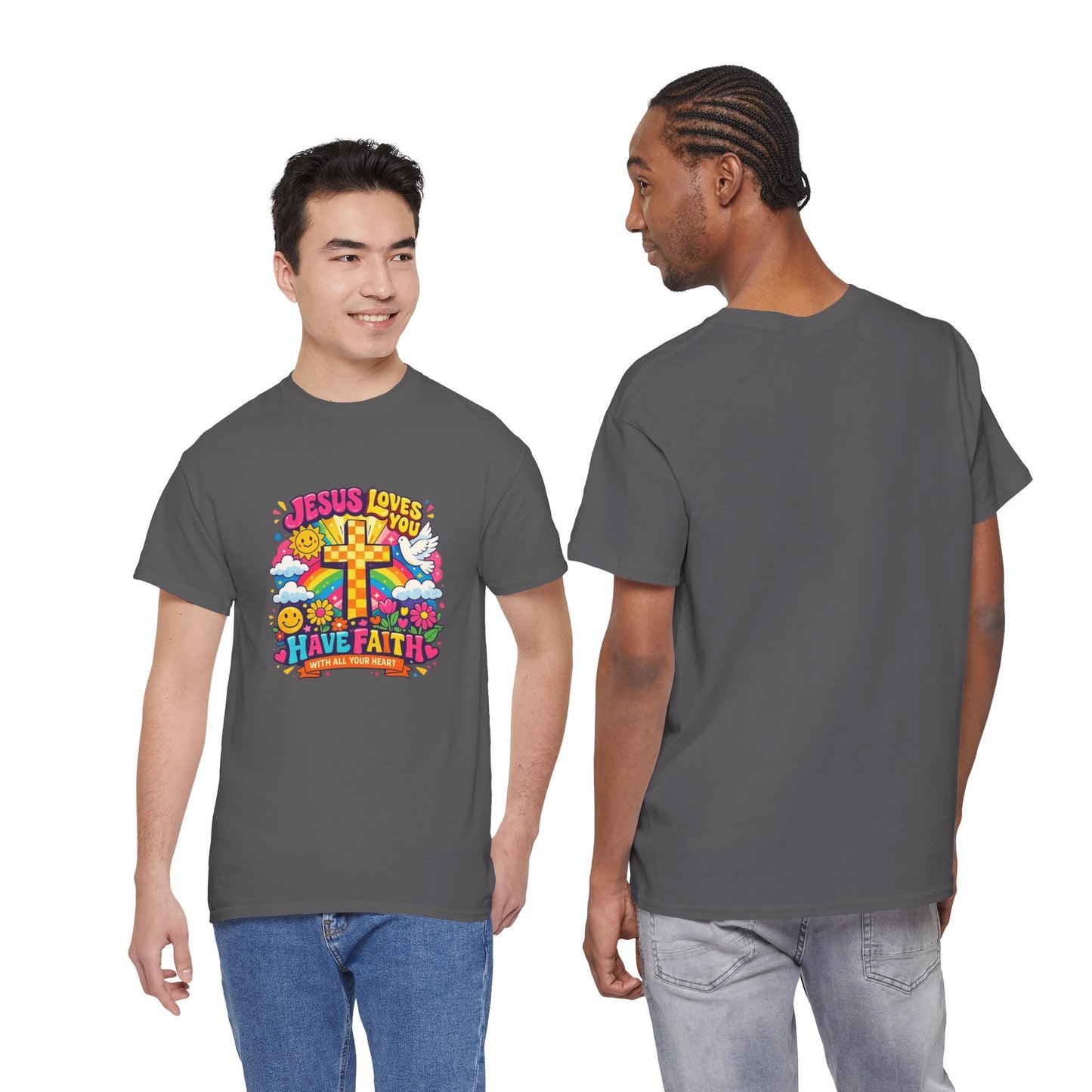 Christian Cross T-Shirt — "Jesus Loves You, Have Faith" Colorful Faith Tee