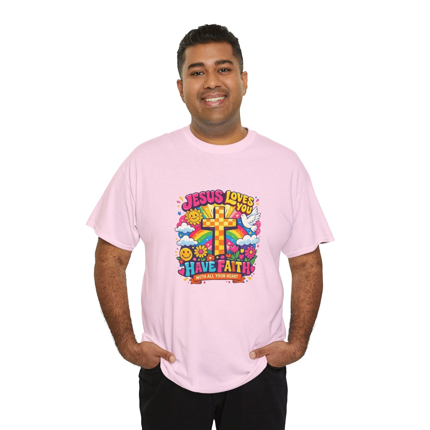 Christian Cross T-Shirt — "Jesus Loves You, Have Faith" Colorful Faith Tee
