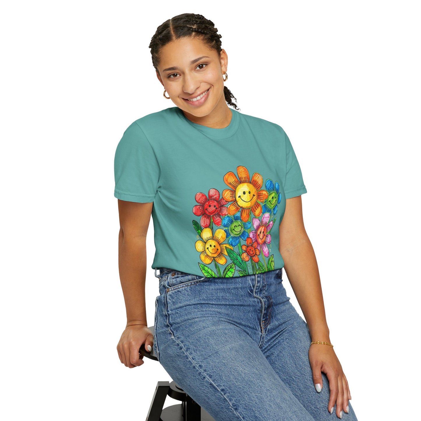 Smiling Rainbow Flower Graphic T-Shirt