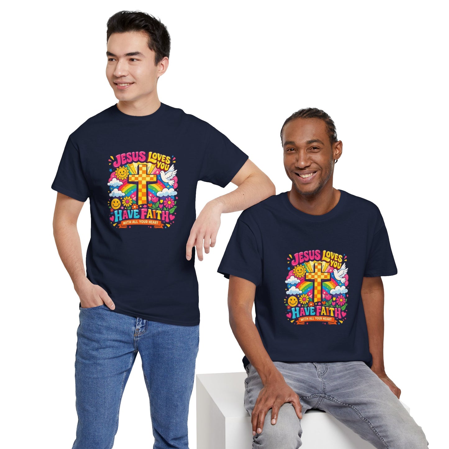 Christian Cross T-Shirt — "Jesus Loves You, Have Faith" Colorful Faith Tee