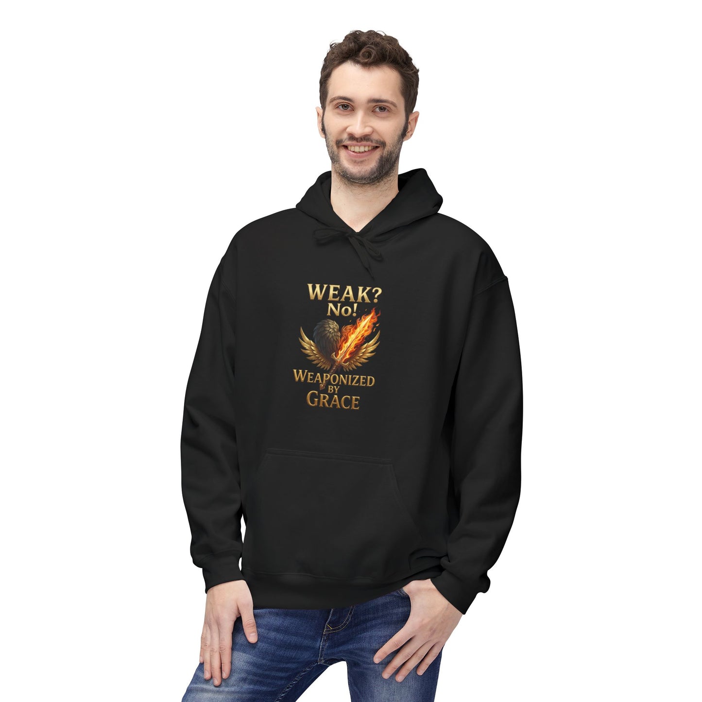 Grace-Armored Hoodie — "Weak? No, Weaponized by Grace" Christian Faith Pullover