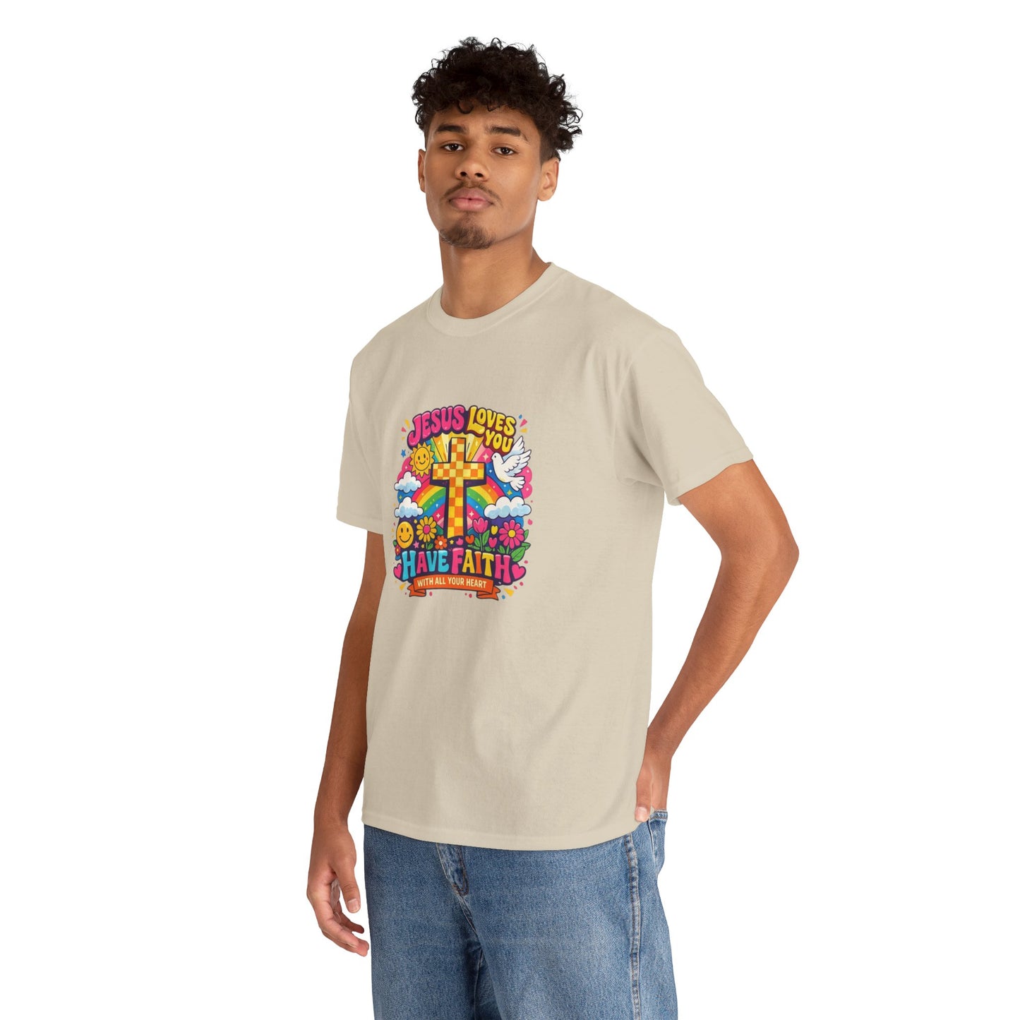 Christian Cross T-Shirt — "Jesus Loves You, Have Faith" Colorful Faith Tee