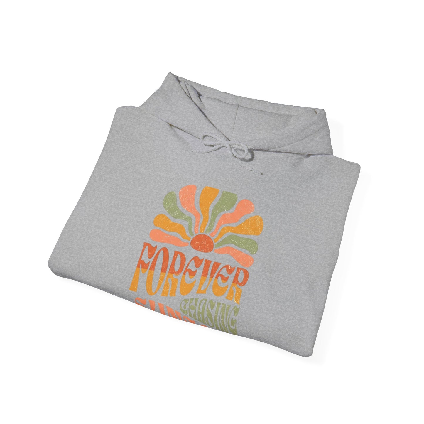 Forever Chasing Sunsets Hoodie — Retro Sunset Graphic Hooded Sweatshirt