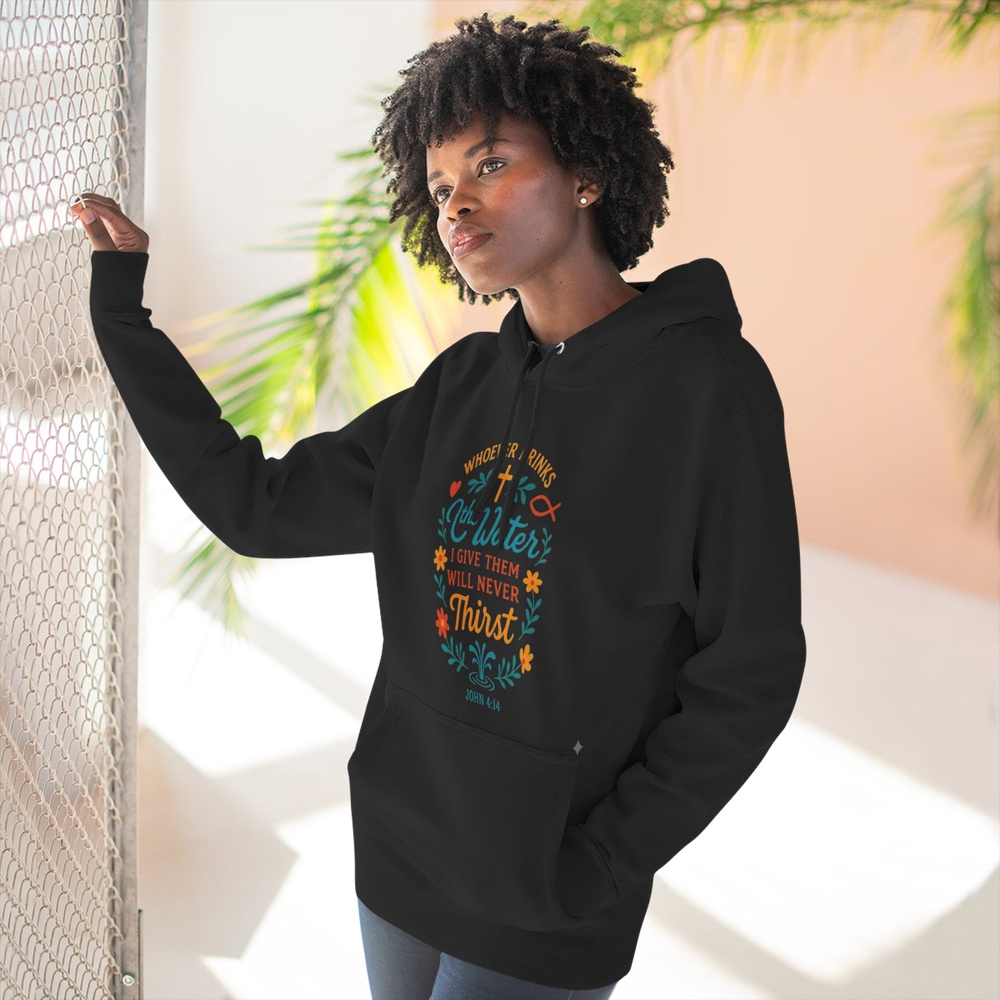 Scripture Floral Hoodie — “The Water I Give Them Will Never Thirst” Comfort Pullover