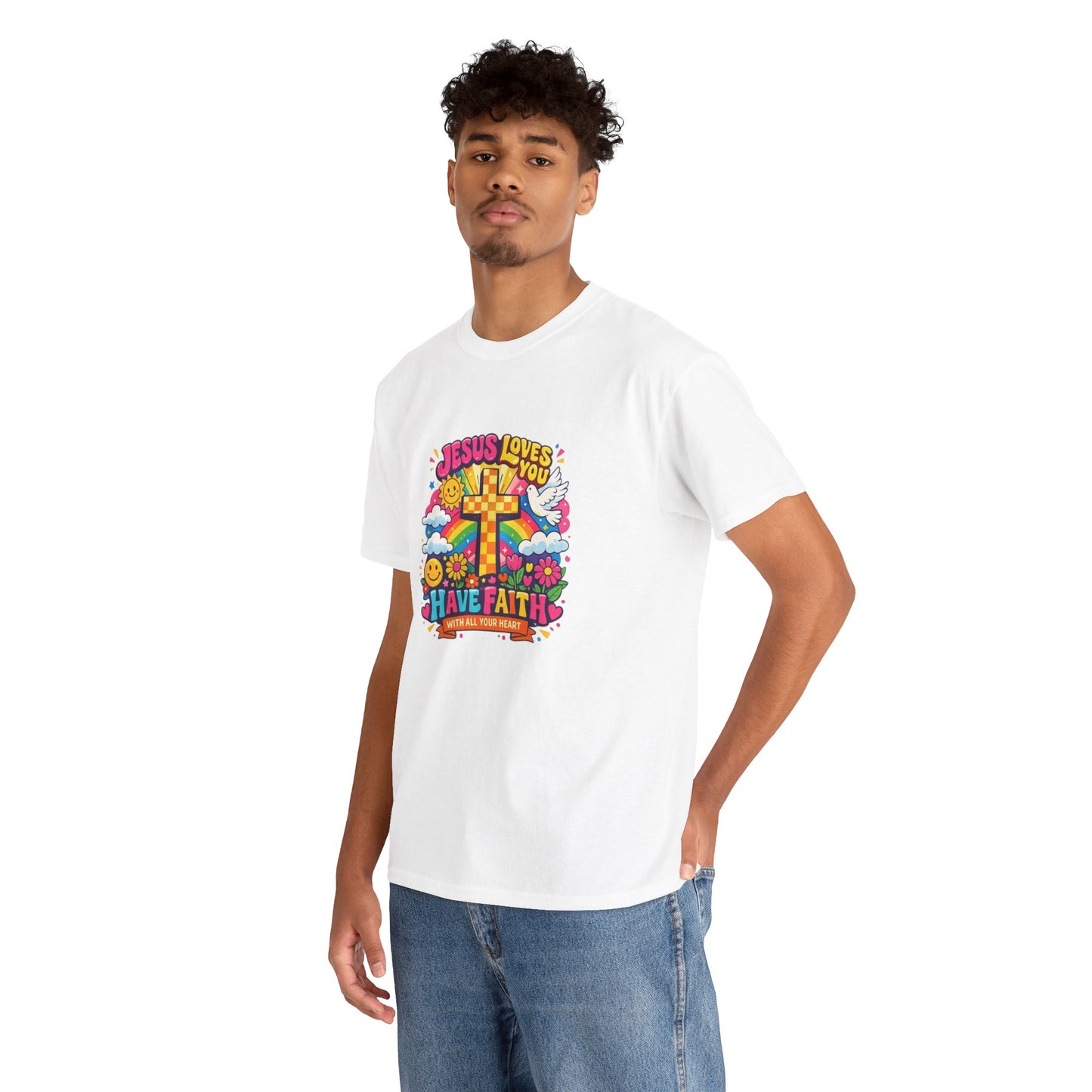 Christian Cross T-Shirt — "Jesus Loves You, Have Faith" Colorful Faith Tee