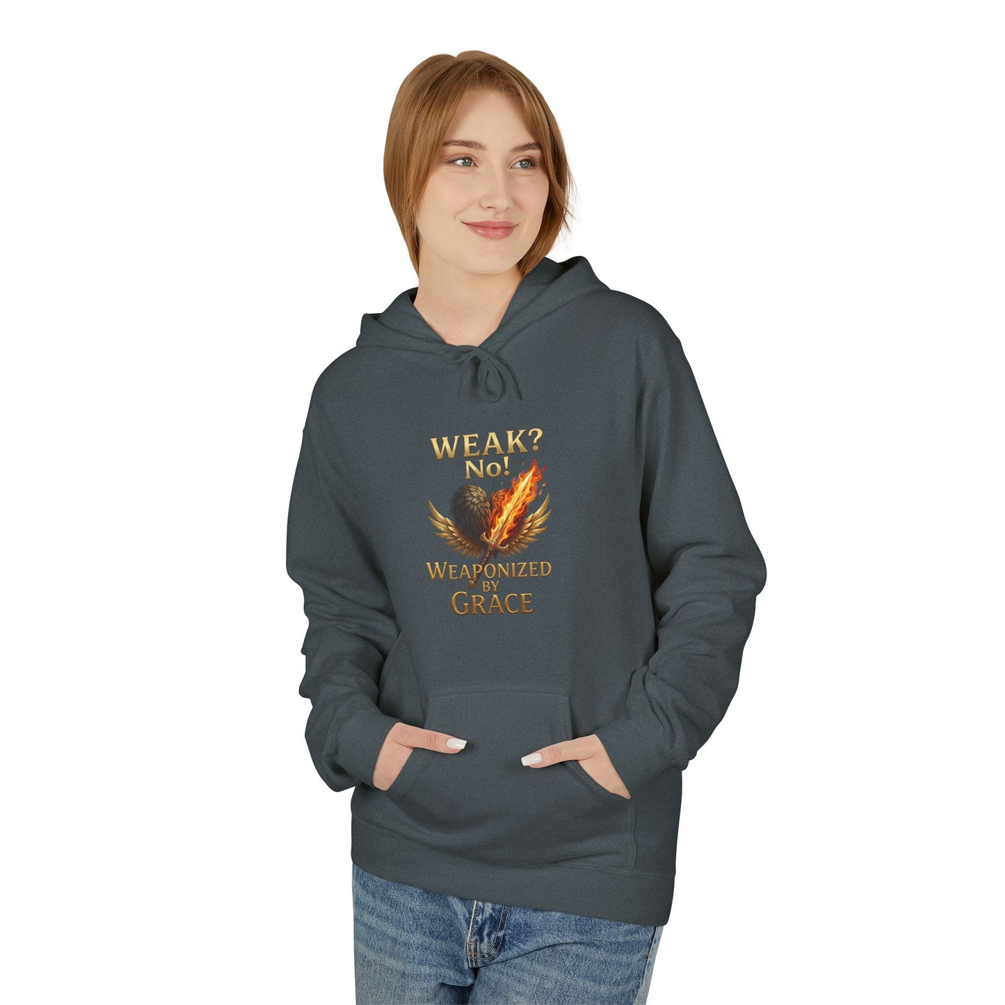 Grace-Armored Hoodie — "Weak? No, Weaponized by Grace" Christian Faith Pullover
