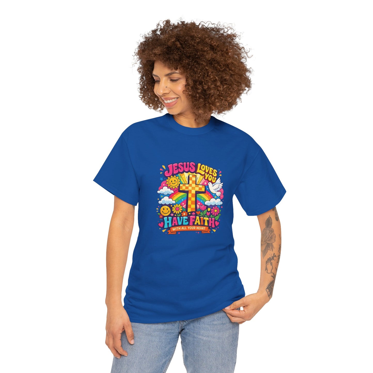 Christian Cross T-Shirt — "Jesus Loves You, Have Faith" Colorful Faith Tee