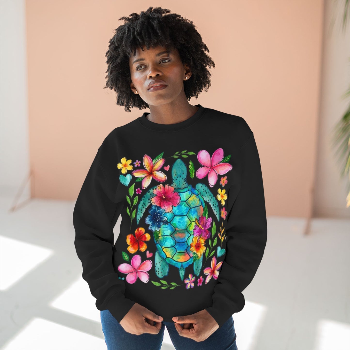Floral Sea Turtle Sweatshirt — Colorful Watercolor Turtle & Flowers Crewneck