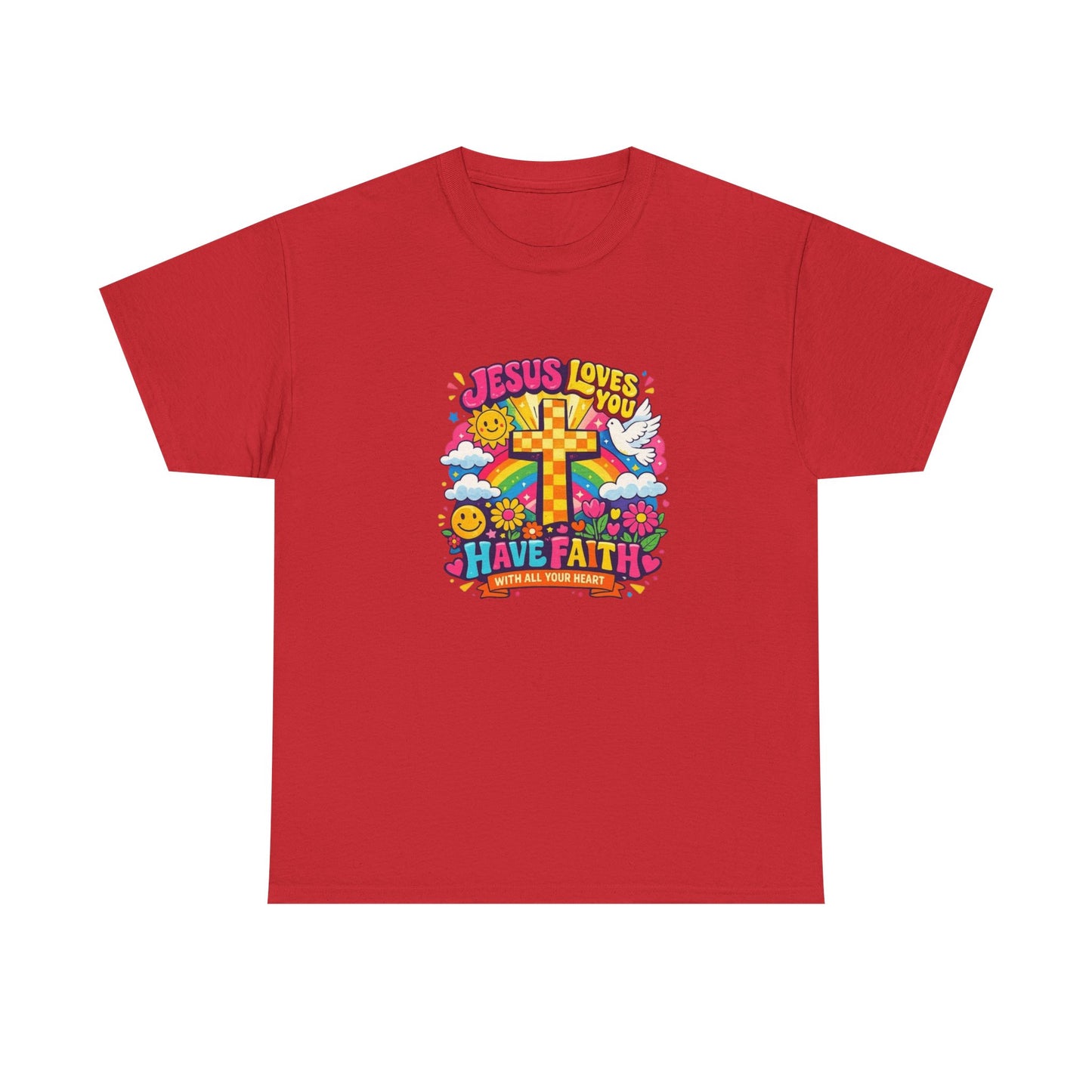 Christian Cross T-Shirt — "Jesus Loves You, Have Faith" Colorful Faith Tee