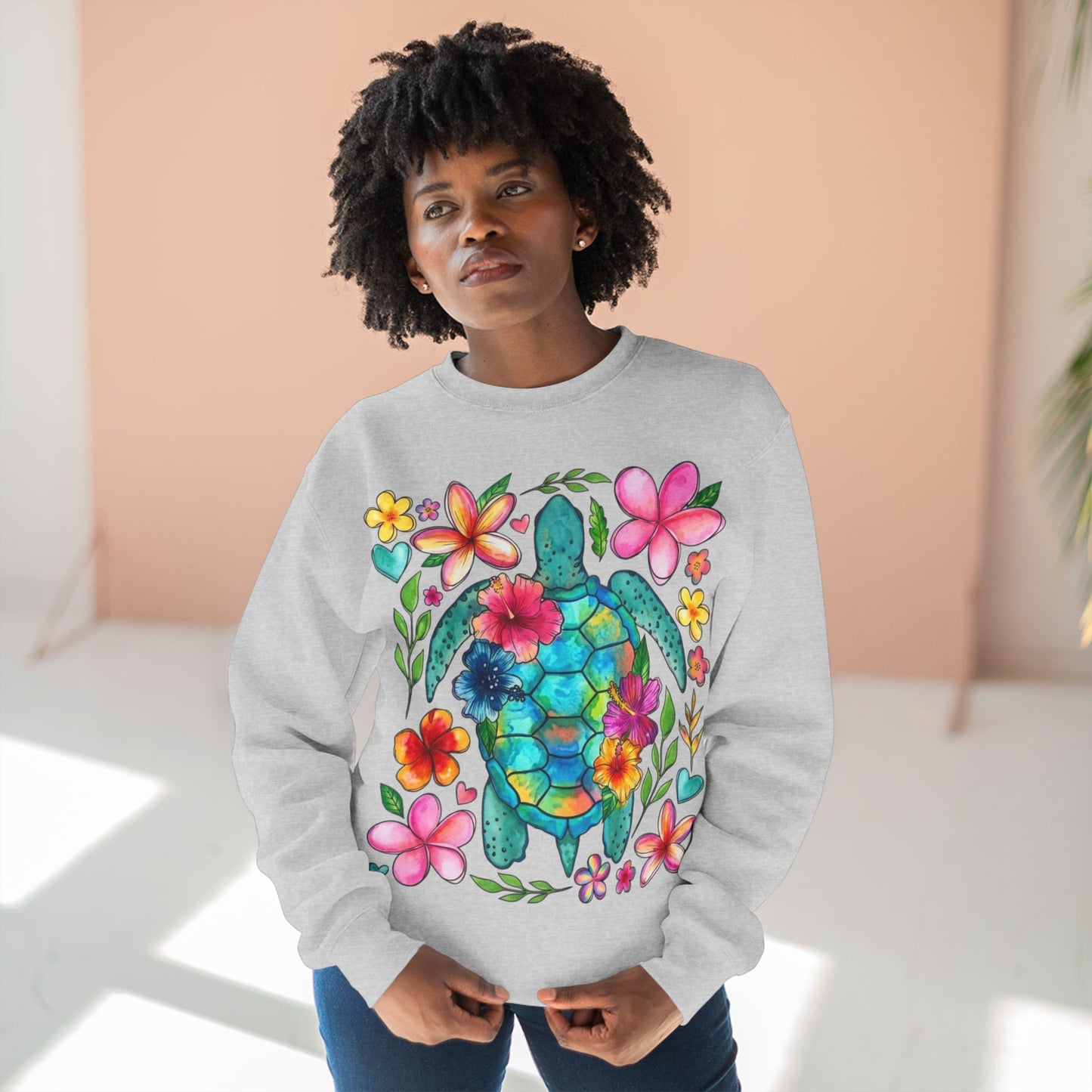 Floral Sea Turtle Sweatshirt — Colorful Watercolor Turtle & Flowers Crewneck