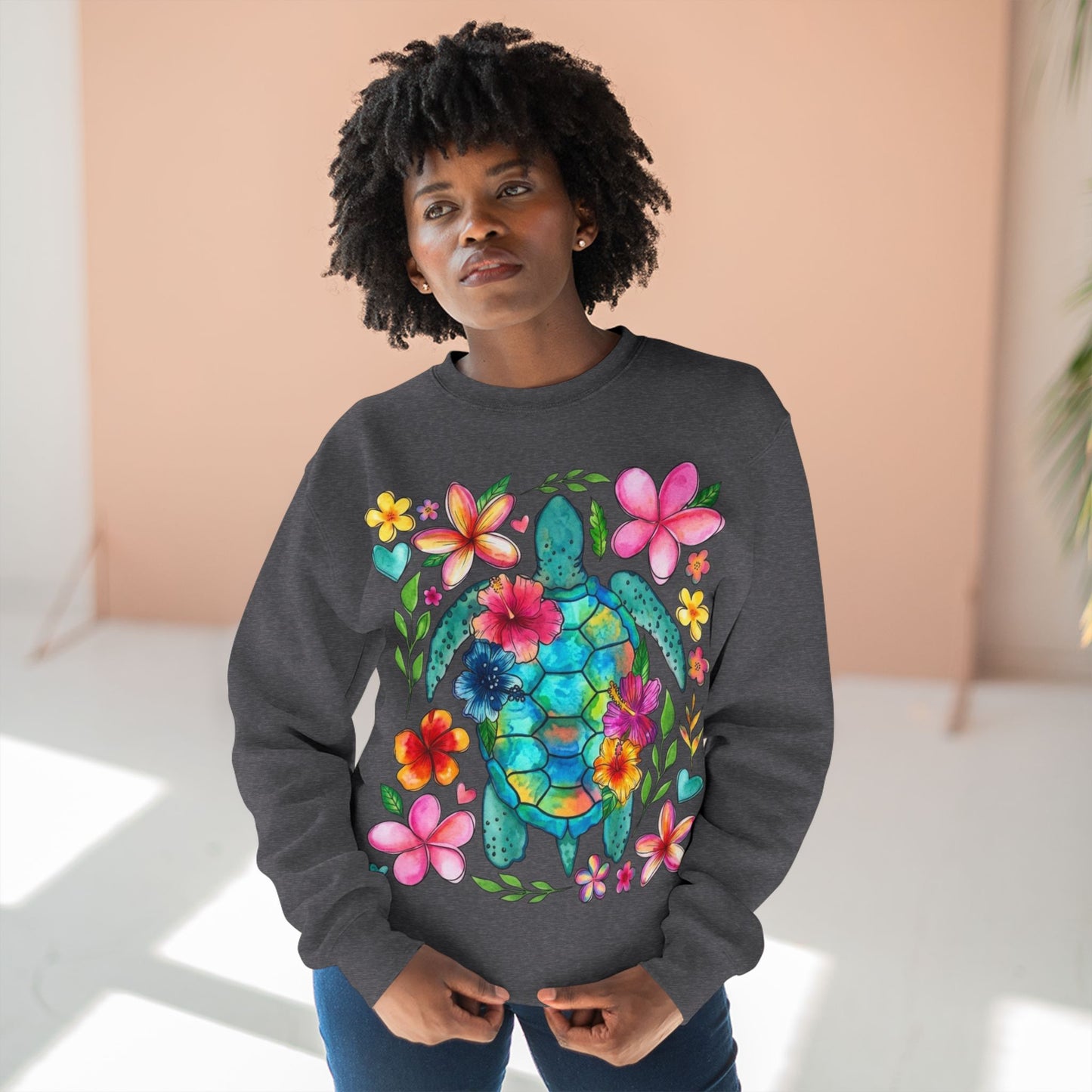 Floral Sea Turtle Sweatshirt — Colorful Watercolor Turtle & Flowers Crewneck