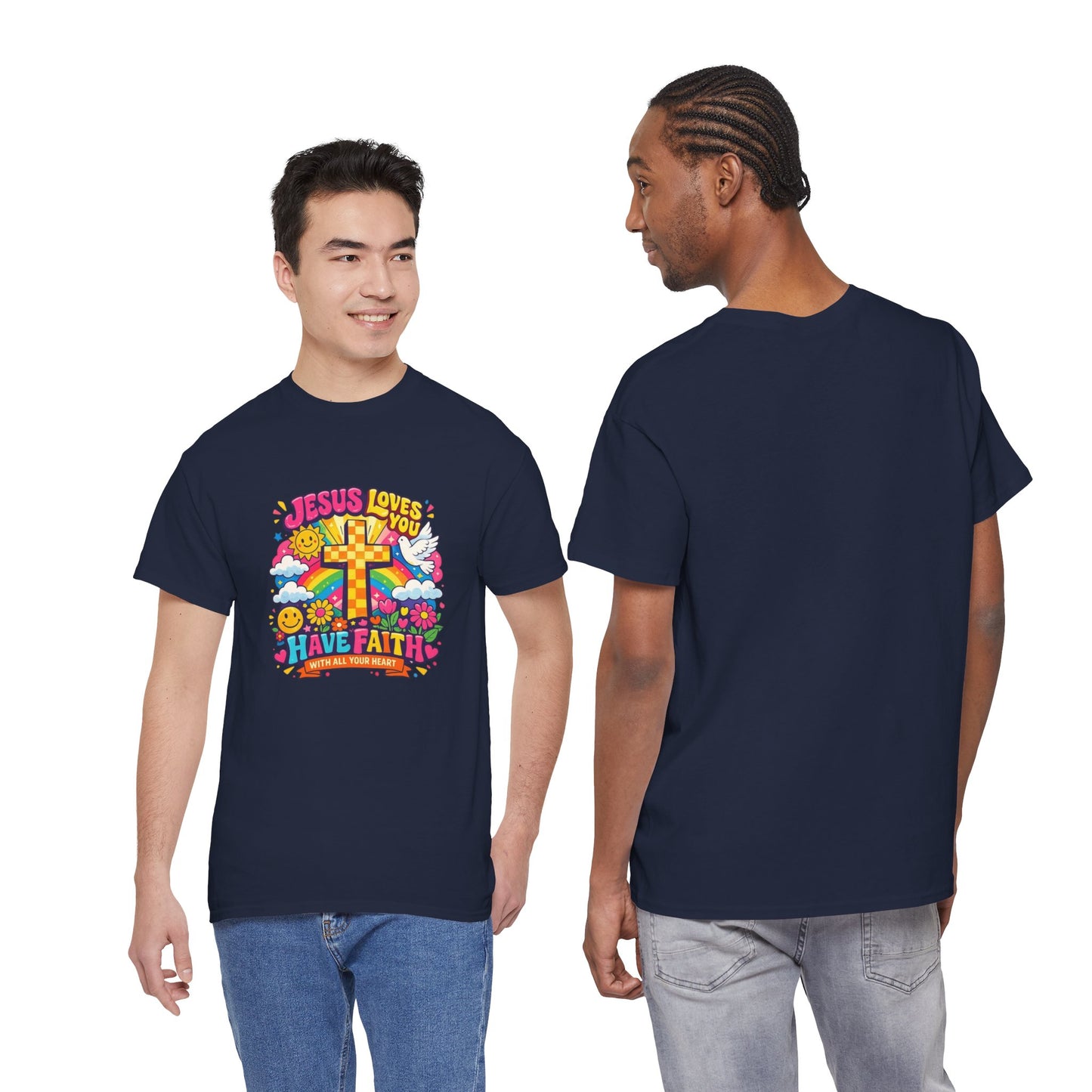 Christian Cross T-Shirt — "Jesus Loves You, Have Faith" Colorful Faith Tee
