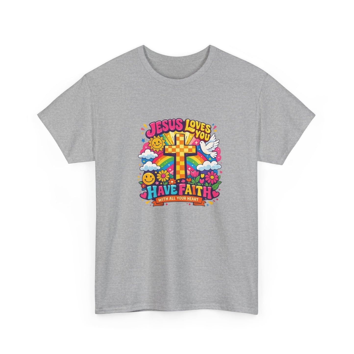 Christian Cross T-Shirt — "Jesus Loves You, Have Faith" Colorful Faith Tee