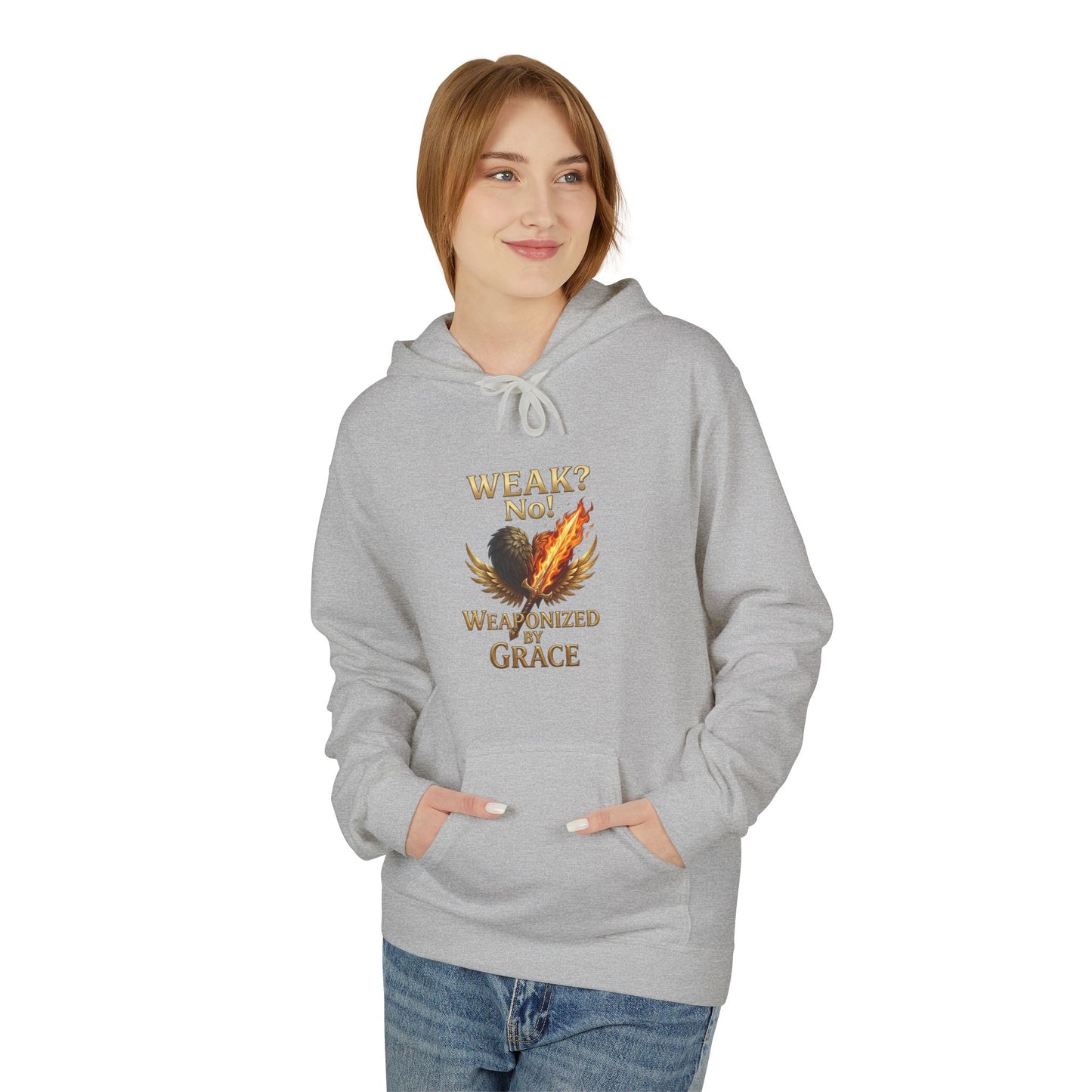 Grace-Armored Hoodie — "Weak? No, Weaponized by Grace" Christian Faith Pullover