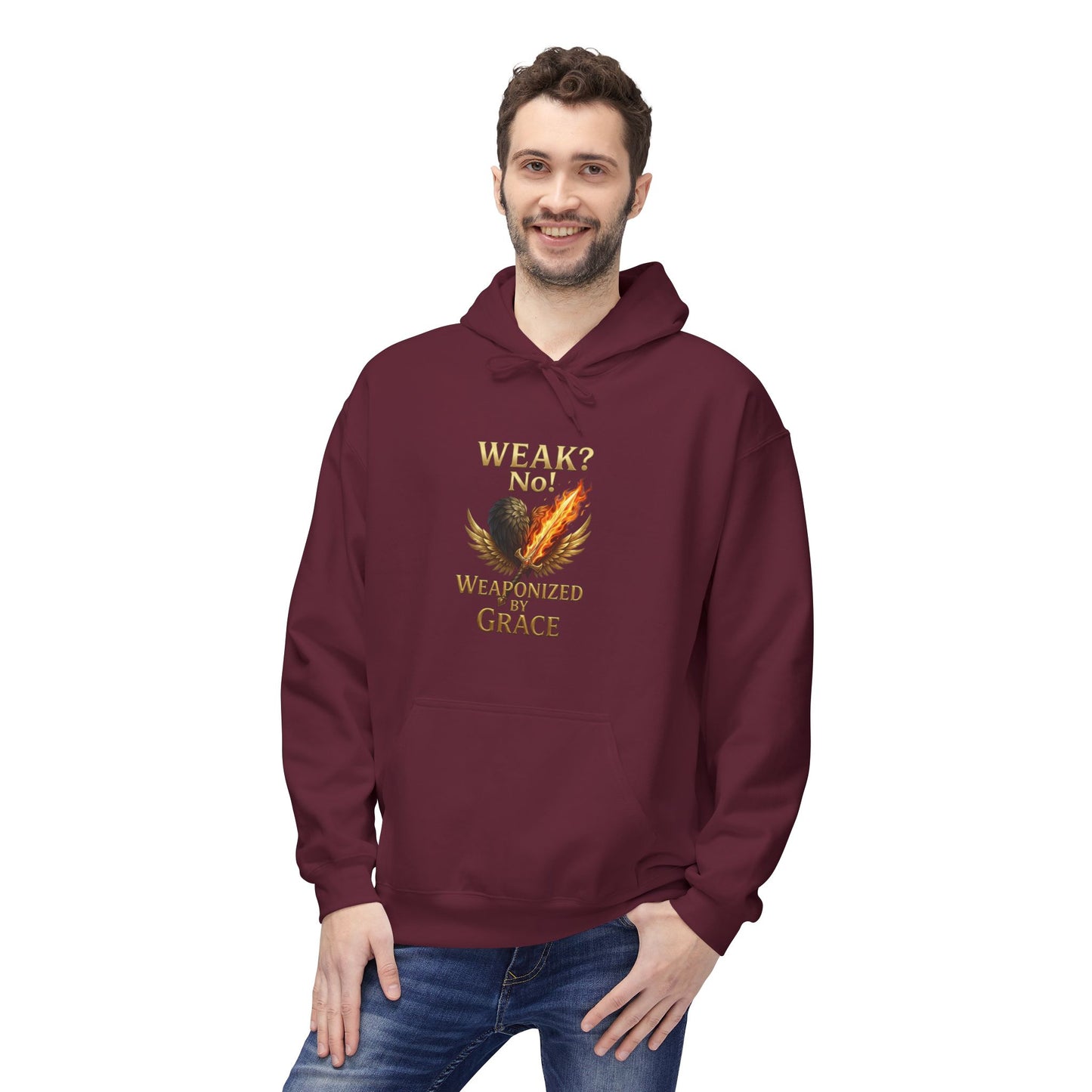 Grace-Armored Hoodie — "Weak? No, Weaponized by Grace" Christian Faith Pullover