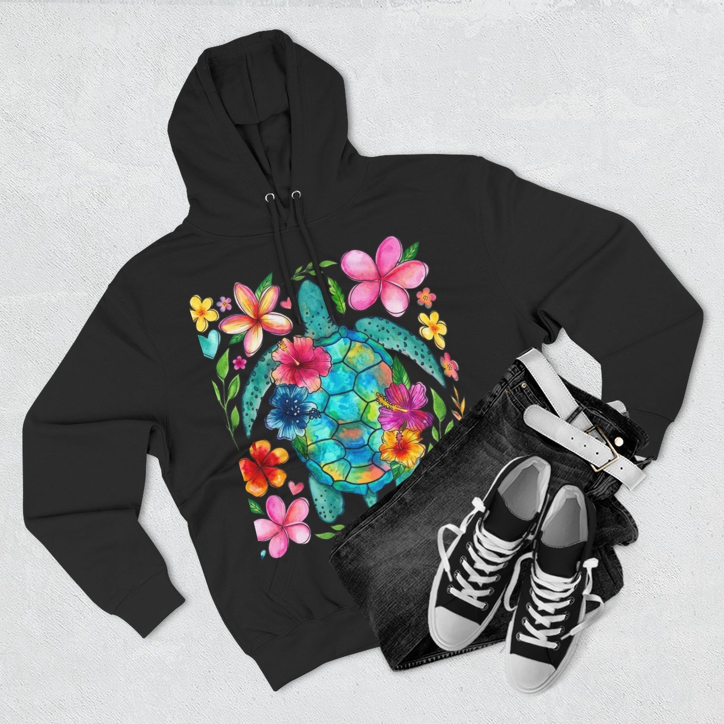 Turtle Floral Hoodie - Watercolor Sea Turtle with Tropical Flowers Fleece Pullover