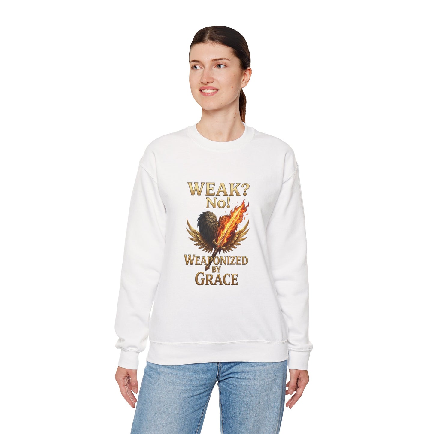 Women's/Unisex Sweatshirt: "Weak? No! Weaponized by Grace" Inspirational Christian Crewneck