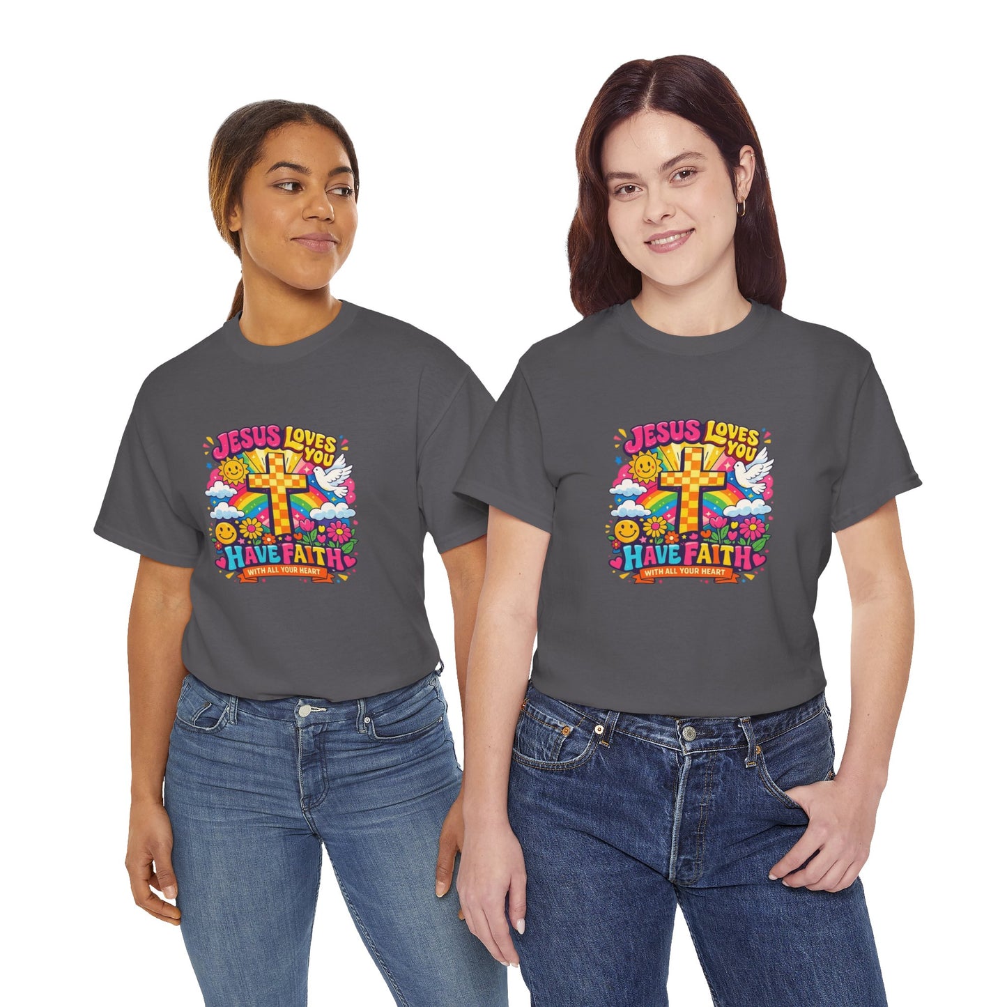 Christian Cross T-Shirt — "Jesus Loves You, Have Faith" Colorful Faith Tee