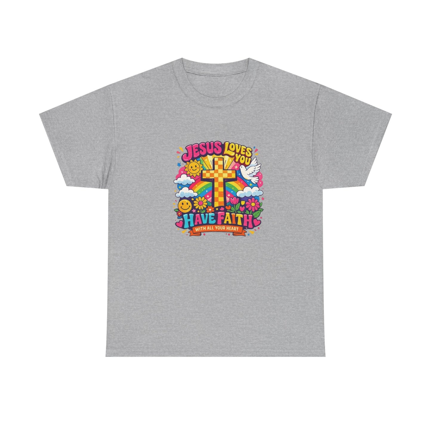 Christian Cross T-Shirt — "Jesus Loves You, Have Faith" Colorful Faith Tee