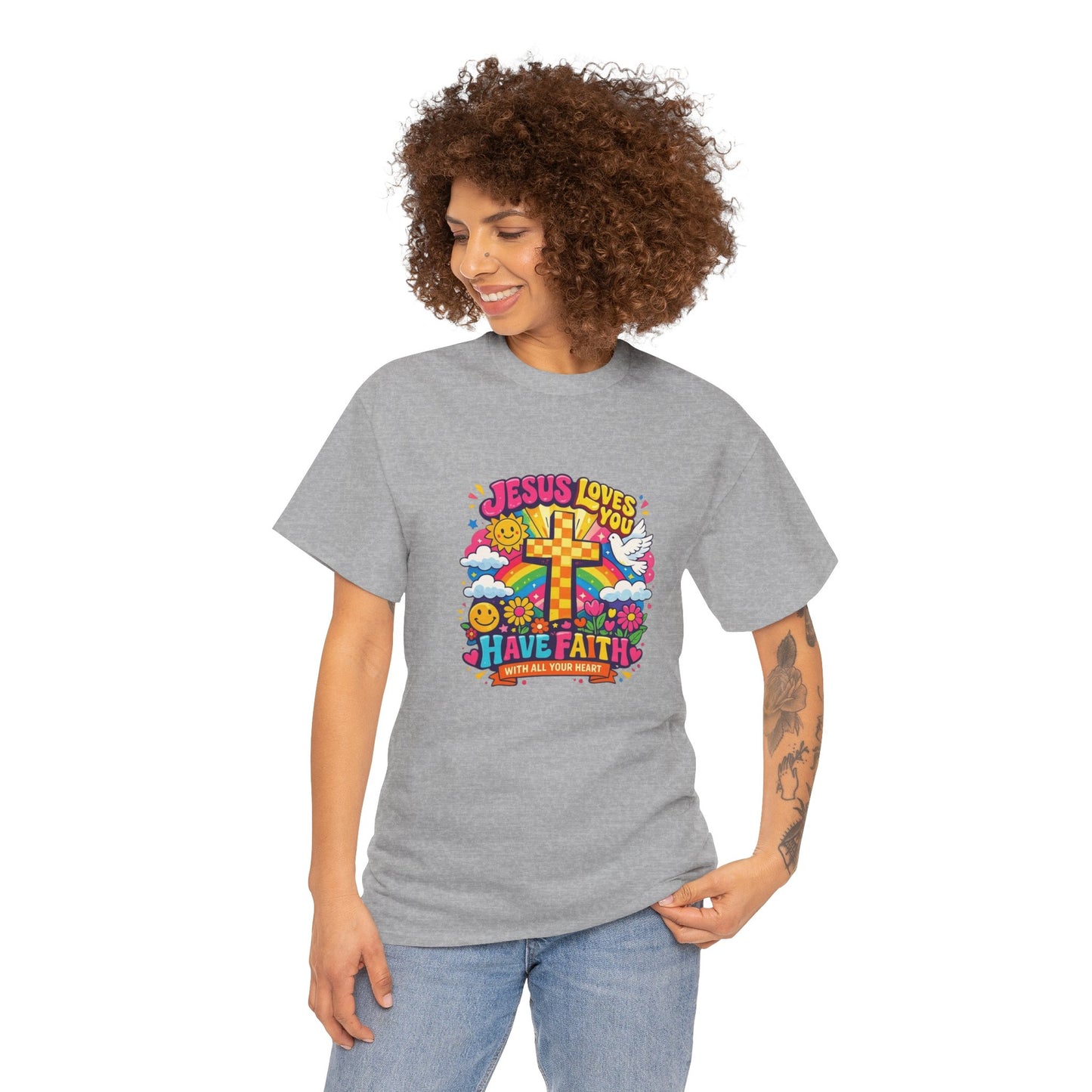 Christian Cross T-Shirt — "Jesus Loves You, Have Faith" Colorful Faith Tee