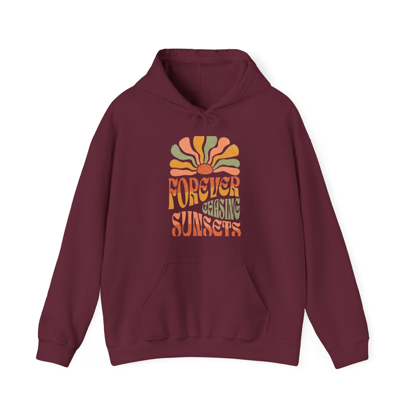 Forever Chasing Sunsets Hoodie — Retro Sunset Graphic Hooded Sweatshirt