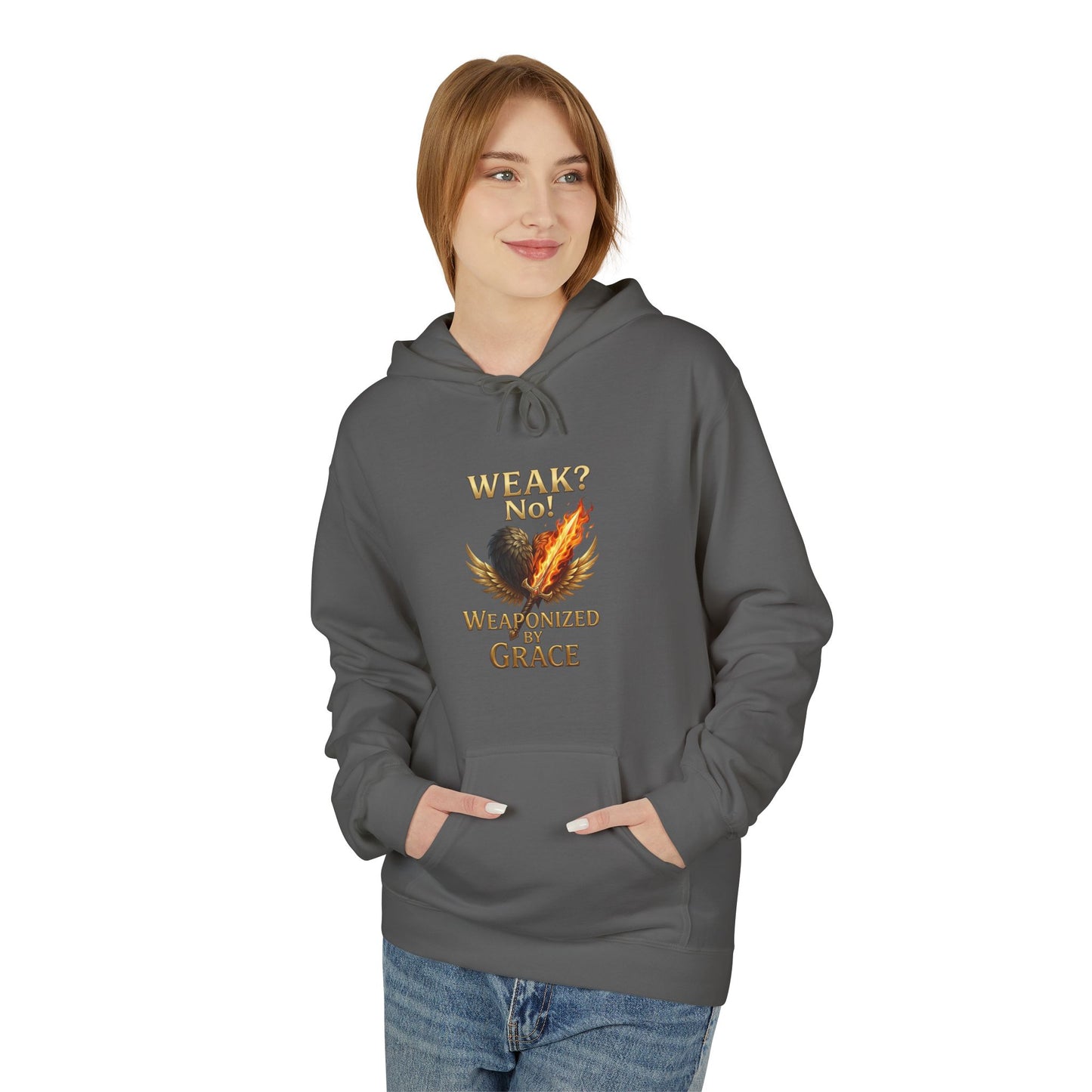 Grace-Armored Hoodie — "Weak? No, Weaponized by Grace" Christian Faith Pullover