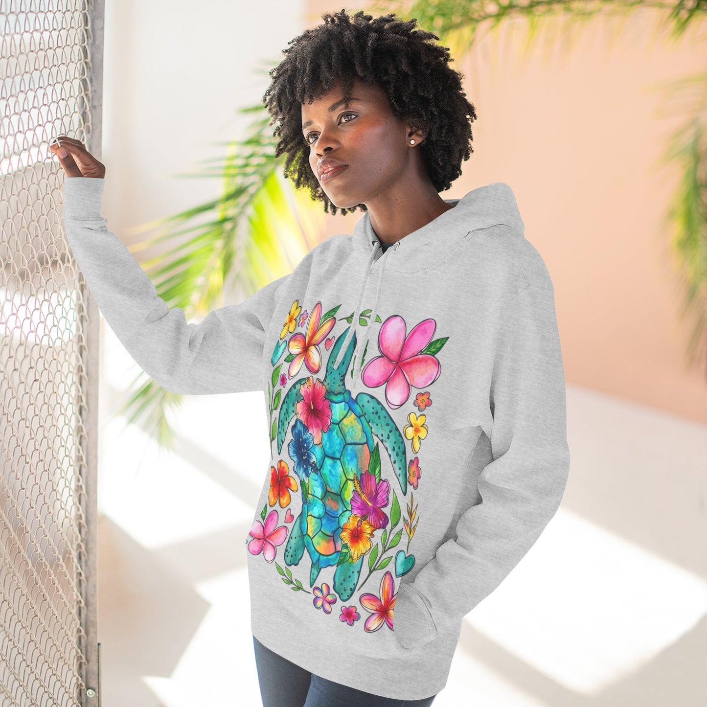 Turtle Floral Hoodie - Watercolor Sea Turtle with Tropical Flowers Fleece Pullover