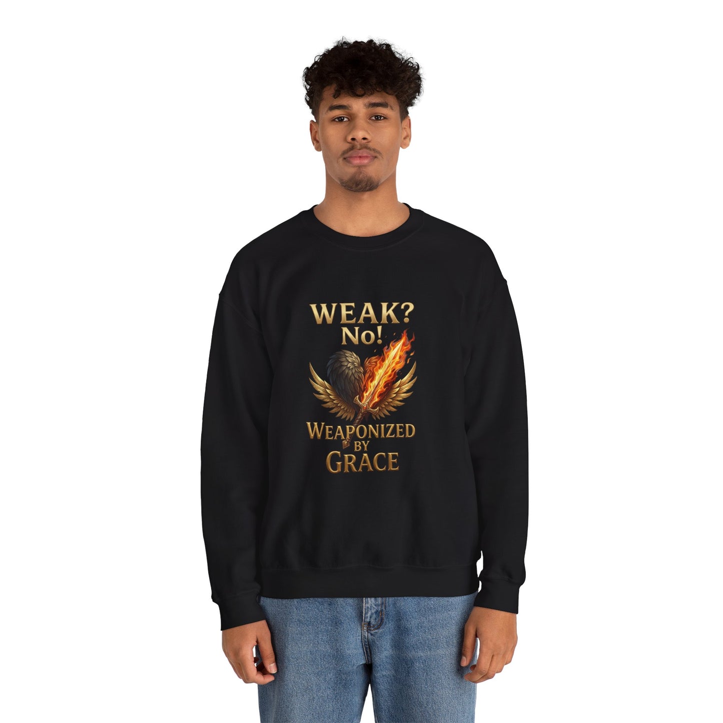 Women's/Unisex Sweatshirt: "Weak? No! Weaponized by Grace" Inspirational Christian Crewneck