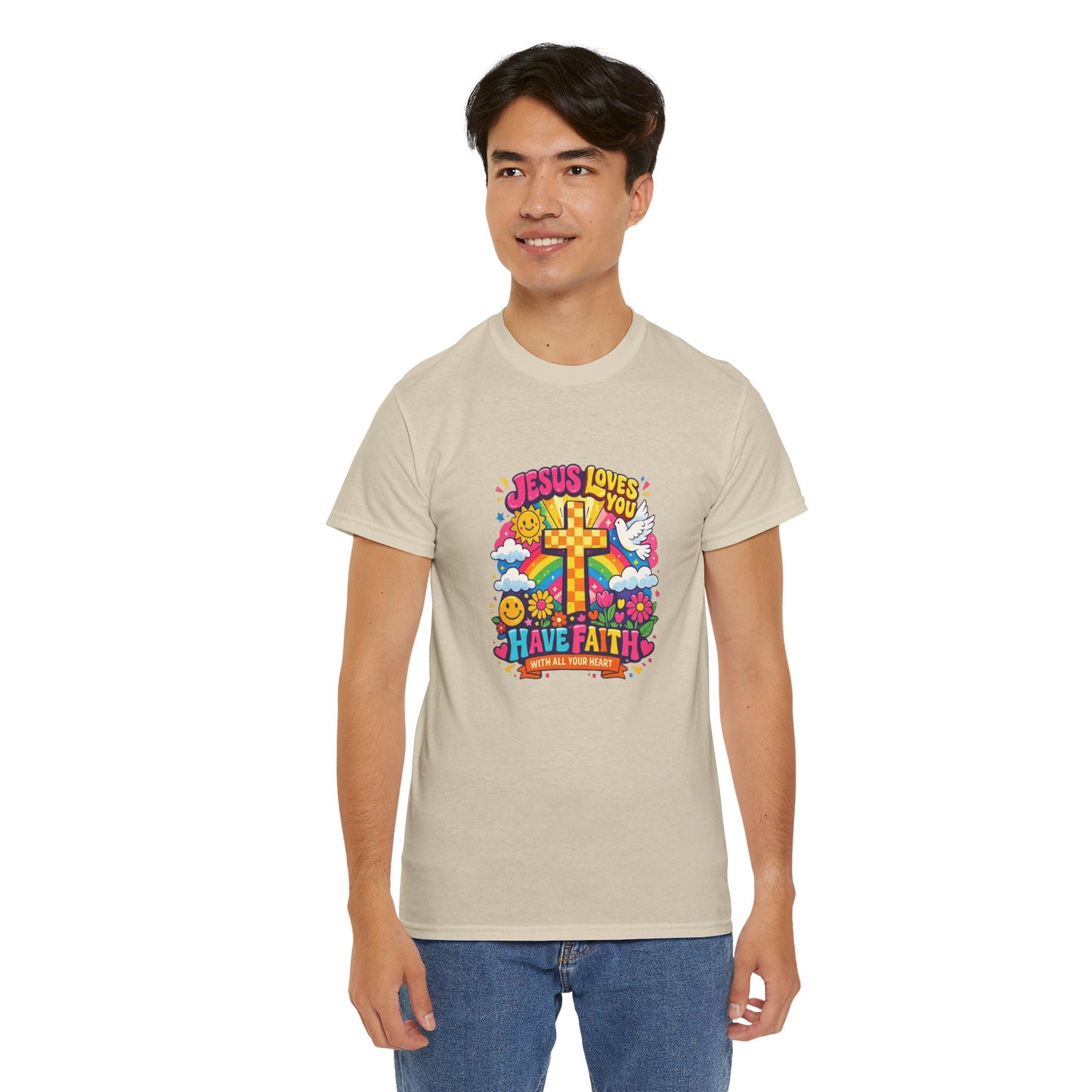 Christian Cross T-Shirt — "Jesus Loves You, Have Faith" Colorful Faith Tee