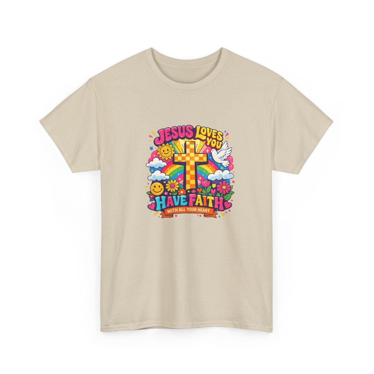 Christian Cross T-Shirt — "Jesus Loves You, Have Faith" Colorful Faith Tee