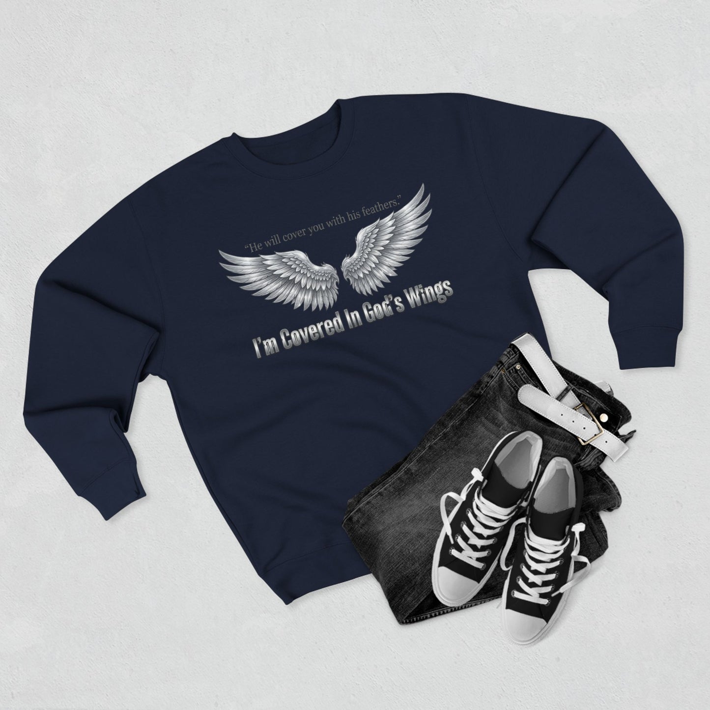 Angel Wings Crewneck Sweatshirt — “I’m Covered In God’s Wings” Inspirational Pullover